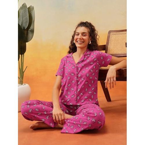 Clovia Women's Cotton Printed Button Down T-Shirt & Pyjama Set (Ls0025P15_Purple_Xxl)