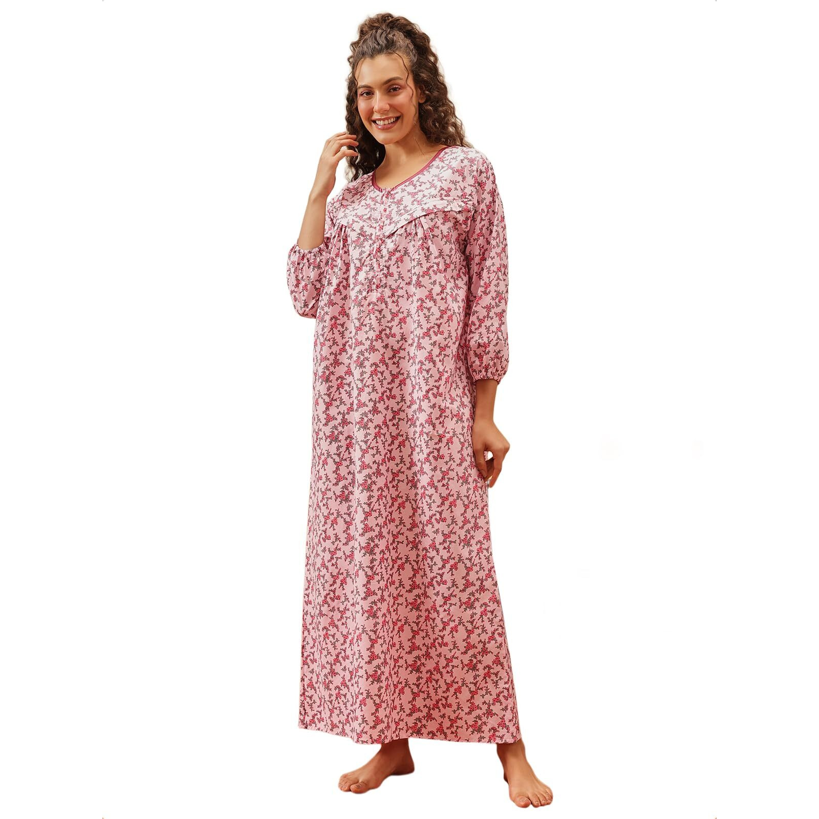 Clovia Women's Cotton Floral Printed Long Maternity Feeding Nighty (Ns1333P14_Pink_L)