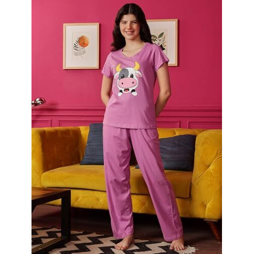 Clovia Cotton Night Suits For Women,Night Dresses For Women,Pyjama Set For Women,Women Pajama Set,Night Wear For Women,Lounge Wear Set For Women - Top&Pyjama Set (Puple - Graphic,Medium),Purple