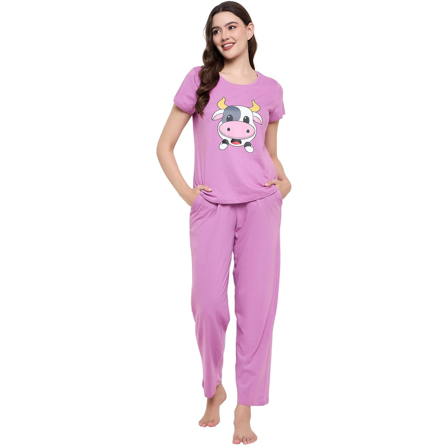 Clovia Cotton Relaxed Night Suits For Women,Night Dresses For Women,Pyjama Set For Women,Women Night Suit Set,Night Wear For Women,Lounge Wear Set For Women-Top&Pyjama Set(Purple-Graphic,X_Large)