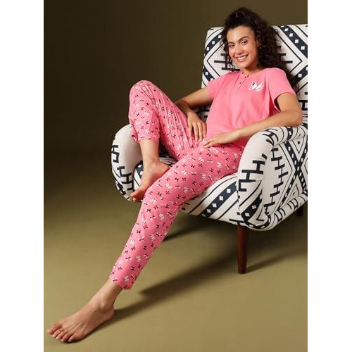 Clovia Night Suits For Women, Night Dresses For Women, Pyjama Set For Women, Women Night Suit Set, Night Wear For Women, Lounge Wear Set For Women - Top & Pyjama Set (Pink - Graphic, L)