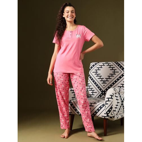 Clovia Night Suits For Women, Night Dresses For Women, Pyjama Set For Women, Women Night Suit Set, Night Wear For Women, Lounge Wear Set For Women - Top & Pyjama Set (Pink - Graphic, L)