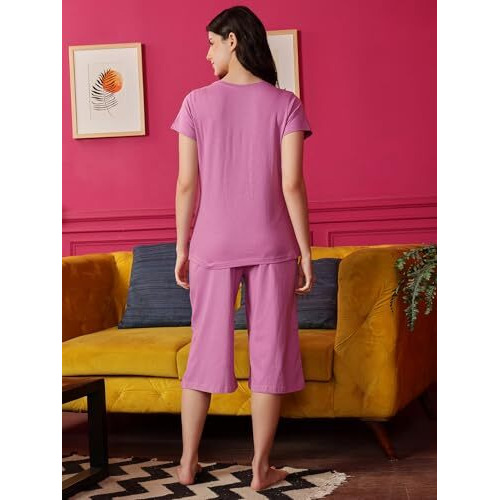 Clovia Cotton Night Suits For Women,Night Dresses For Women,Capri Night Suit For Women,Women Night Suit Set,Night Wear For Women,Lounge Wear Set For Women-Top & Capri Set (Purple-Graphic,Xl)