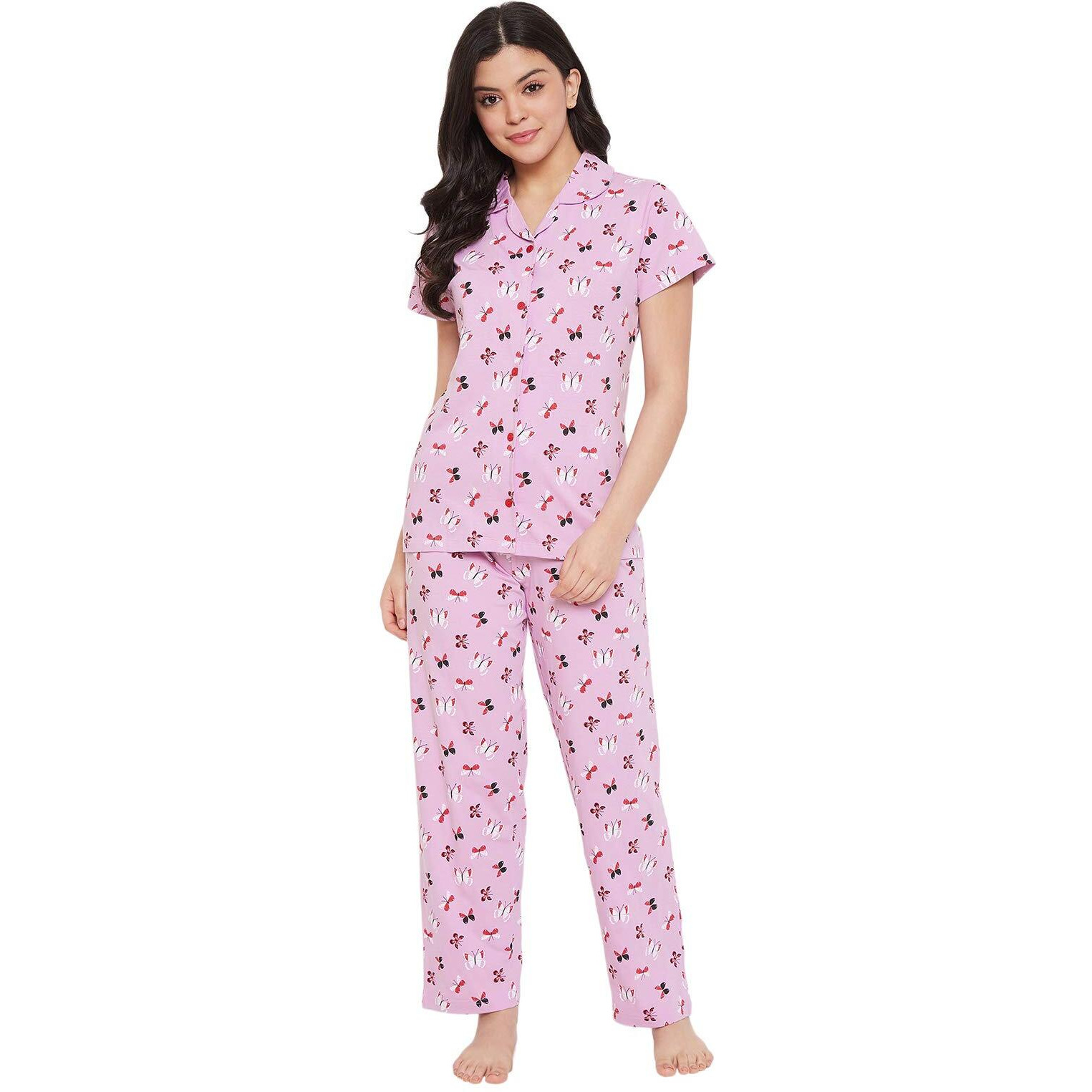Clovia Women's Cotton Florals Printed Top & Pyjama Set (Ls0025A12_Purple_L)