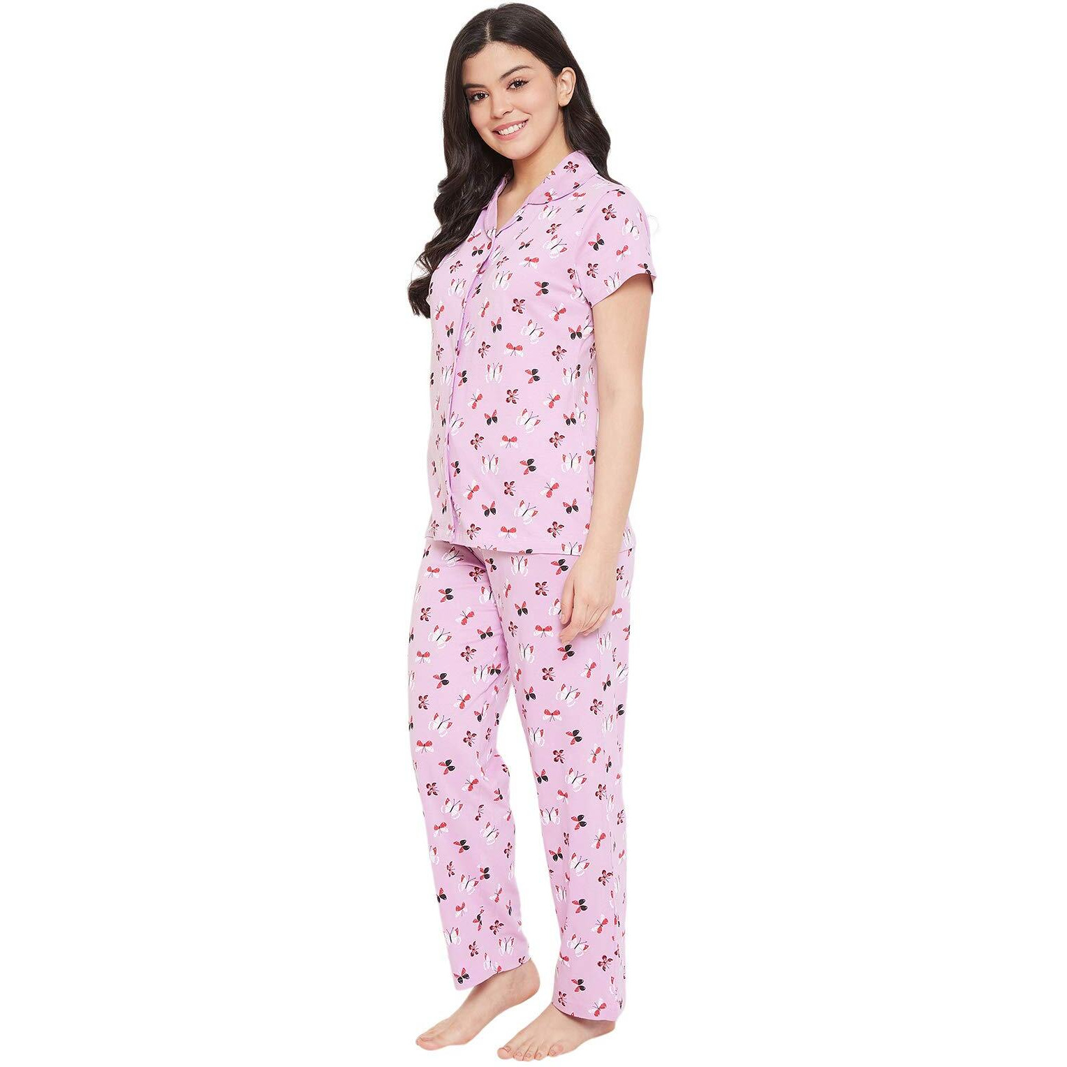 Clovia Women's Cotton Florals Printed Top & Pyjama Set (Ls0025A12_Purple_L)