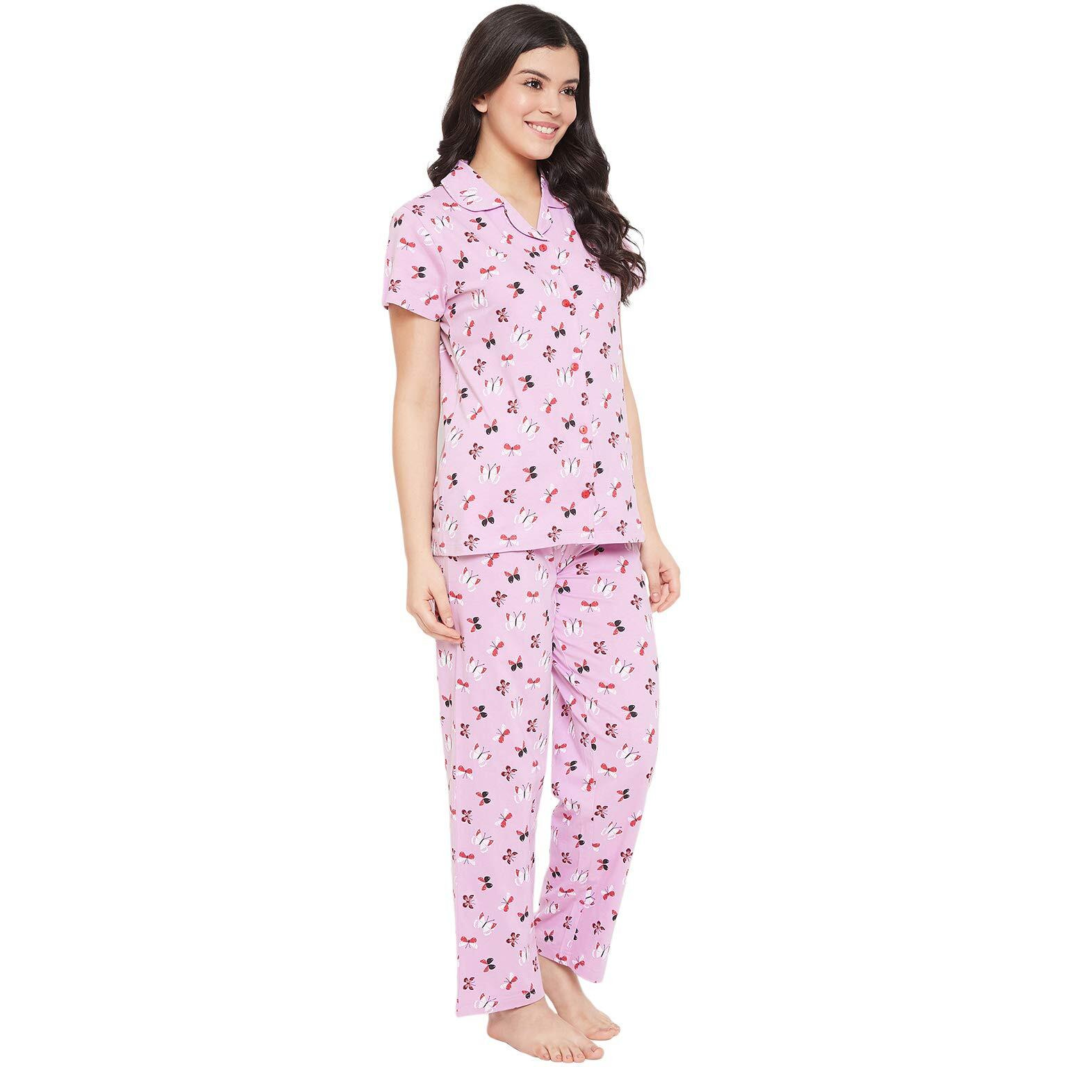 Clovia Women's Cotton Florals Printed Top & Pyjama Set (Ls0025A12_Purple_L)
