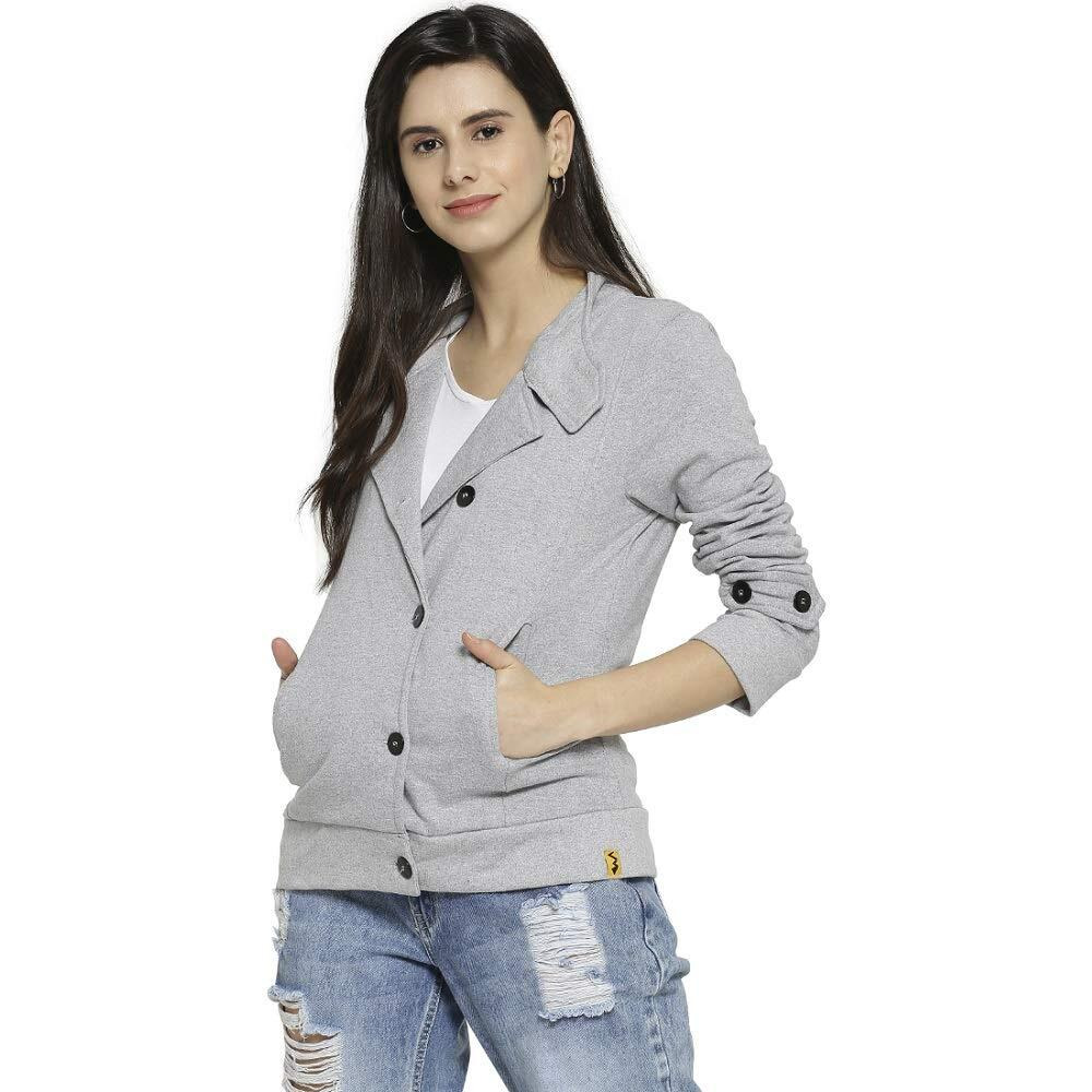 Campus Sutra Full Sleeve Solid Women Casual Jacket(Auz19_Jkhnk_W_Pln_Gr_Az_L) Grey