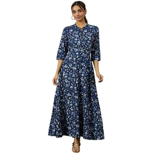 Ensign Blue Floral Printed Flared Pure Cotton Dress In Mandarin Collar (Size M)-24Aua15402-508548