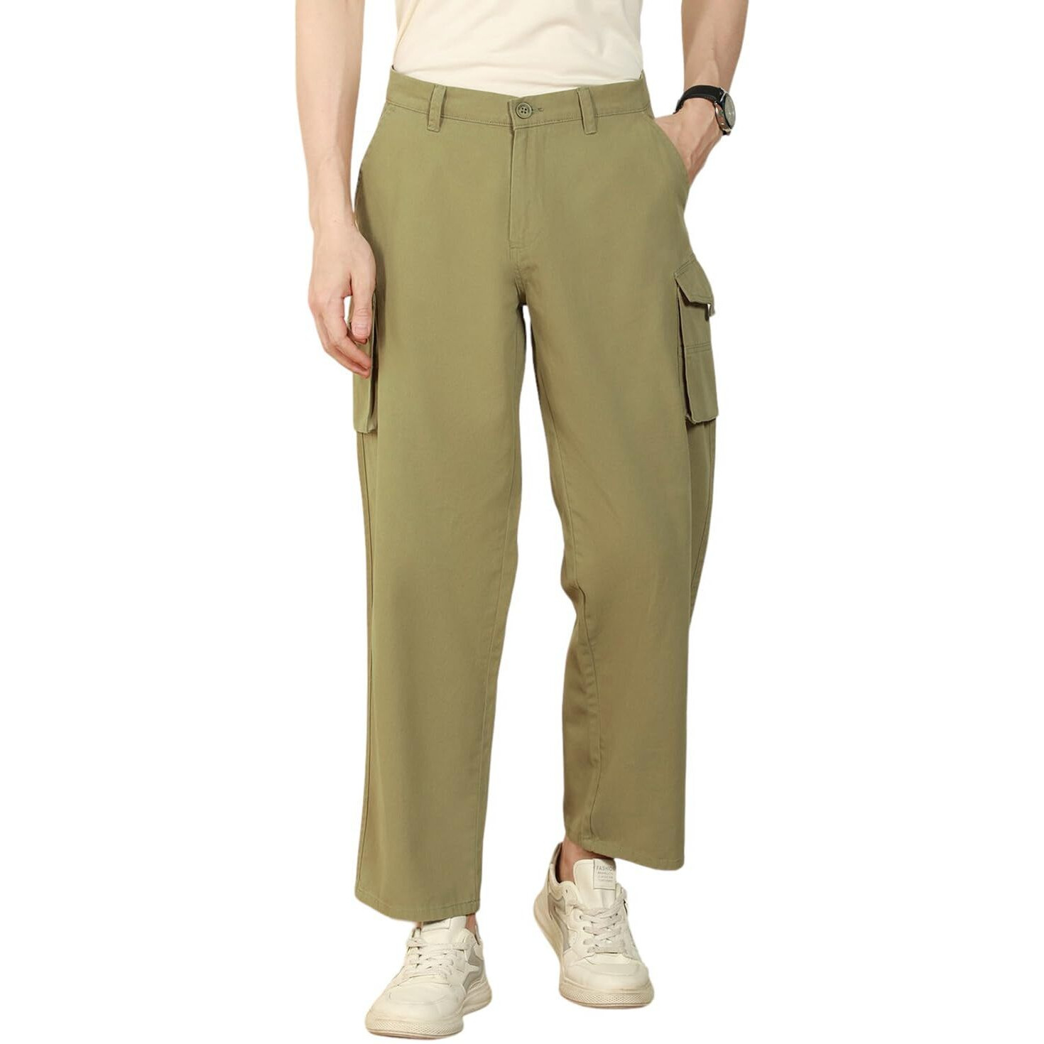 Dennis Lingo Mens Light Olive Cotton Lycra Solid Mid Rise Relaxed Fit Stretchable Cargo Trouser (Dlmcts24003_Lo, Light Olive, 34)