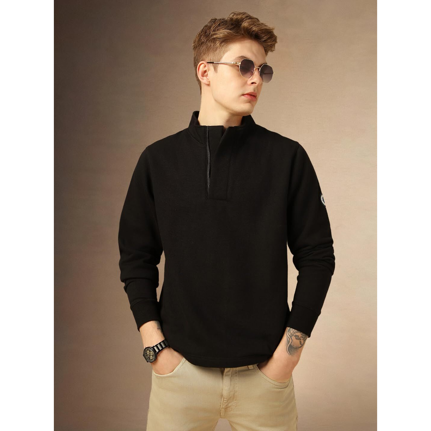 Dennis Lingo Men Regular Fit Cotton Full-Sleeves Solid Sweatshirt Black