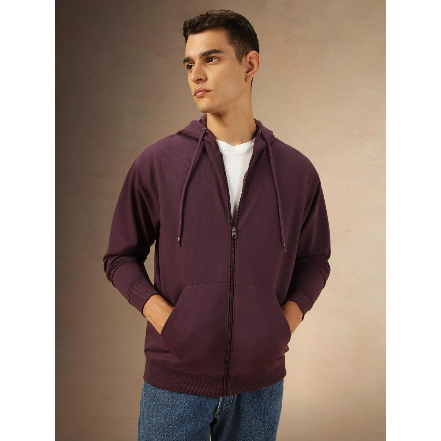 Dennis Lingo Men Regular Fit Cotton Solid Full Sleeves Hooded Front Open Sweatshirt Purple
