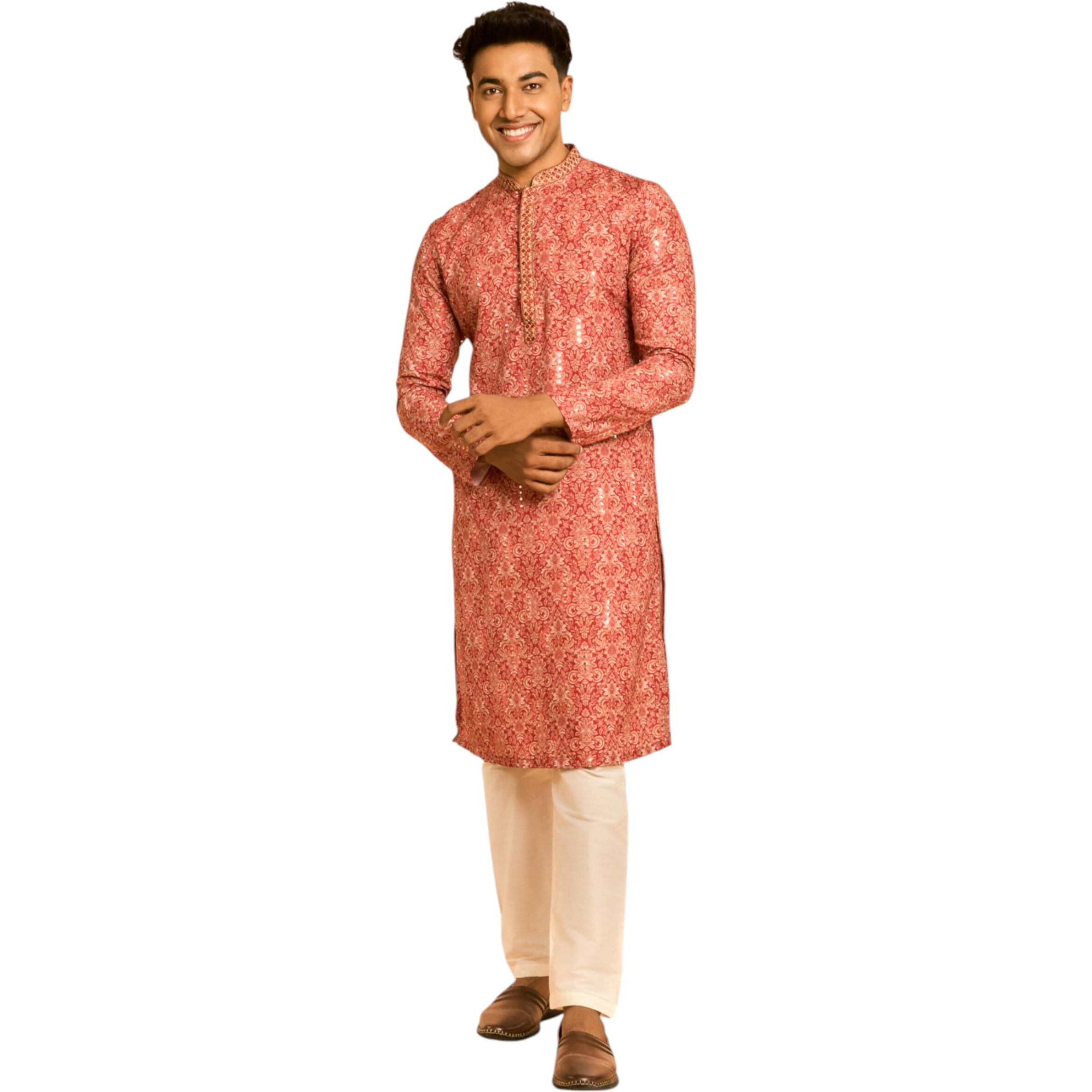 Diwas By Manyavar Men's Viscose Blend Floral Prints & Mirror Work Kurta (Red,S)
