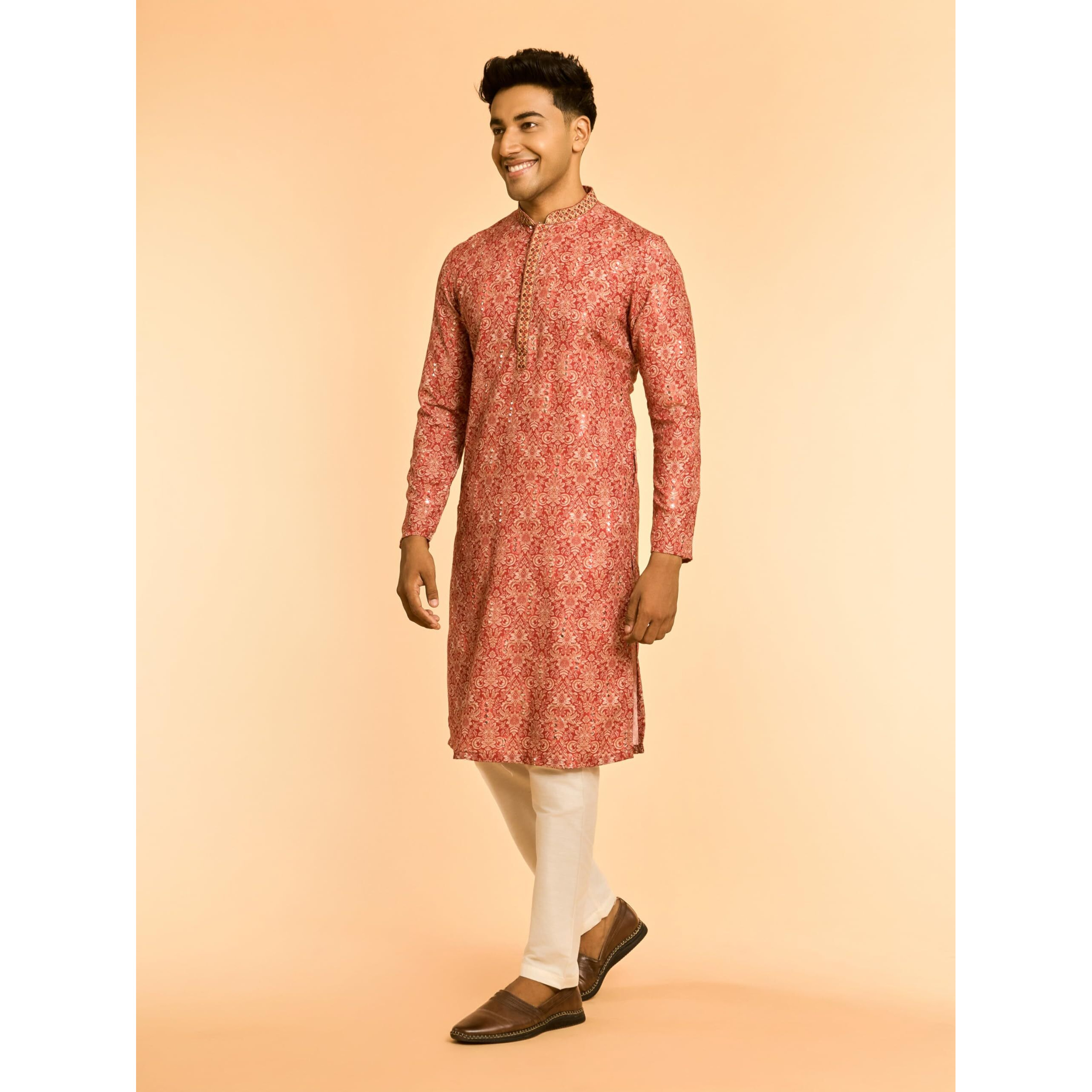 Diwas By Manyavar Men's Viscose Blend Floral Prints & Mirror Work Kurta (Red,S)