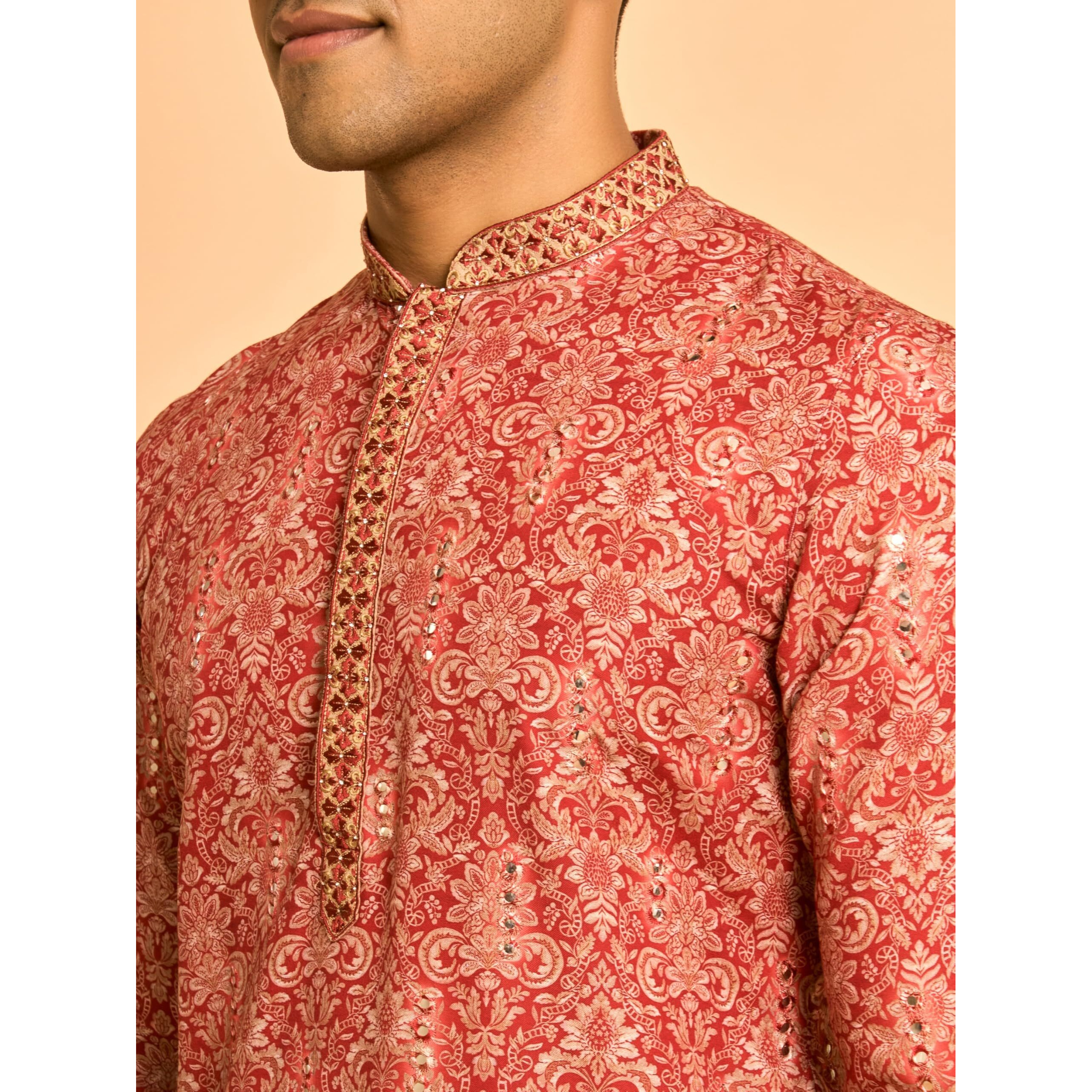 Diwas By Manyavar Men's Viscose Blend Floral Prints & Mirror Work Kurta (Red,S)
