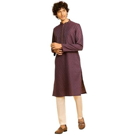 Diwas By Manyavar Men's Viscose Blend Neck Embroidered Self Design Kurta (Purple,M)