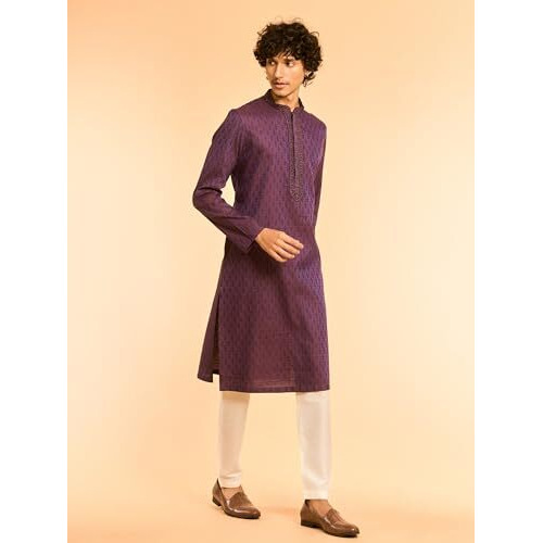 Diwas By Manyavar Men's Viscose Blend Neck Embroidered Self Design Kurta (Purple,M)