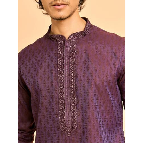 Diwas By Manyavar Men's Viscose Blend Neck Embroidered Self Design Kurta (Purple,M)