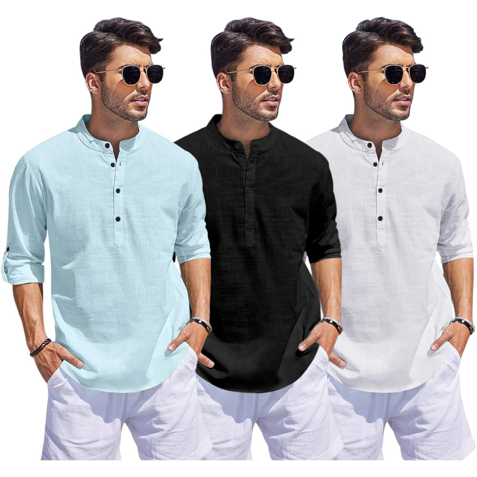 Bellstone Combo Of Men Solid Cotton Blend Straight Kurta Shirt Pack Of 3