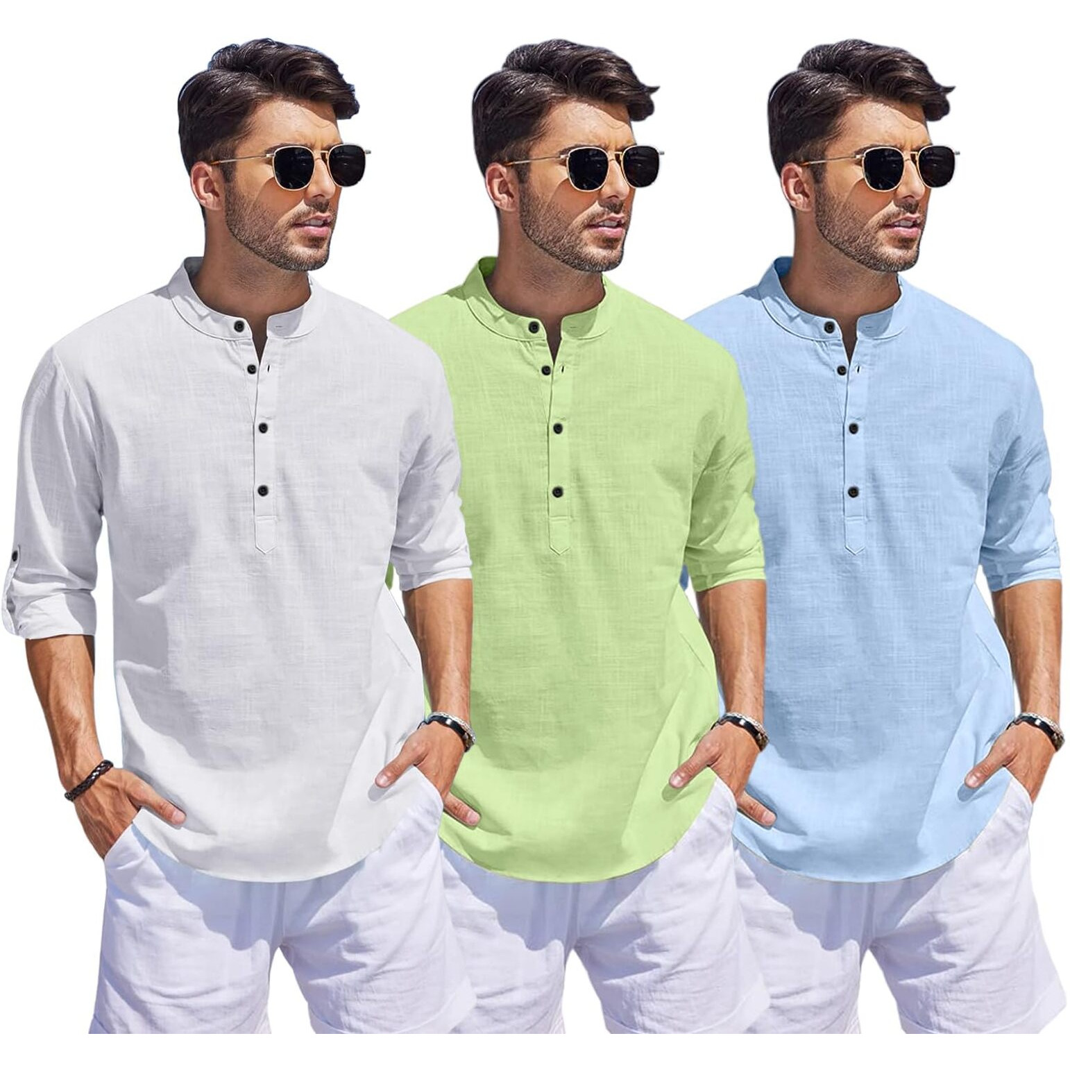 Bellstone Men's Cotton Blend Solid Regular Dress Shirt (1500_3Combo_White-Lgreen-Sky_Xl Lightgreen