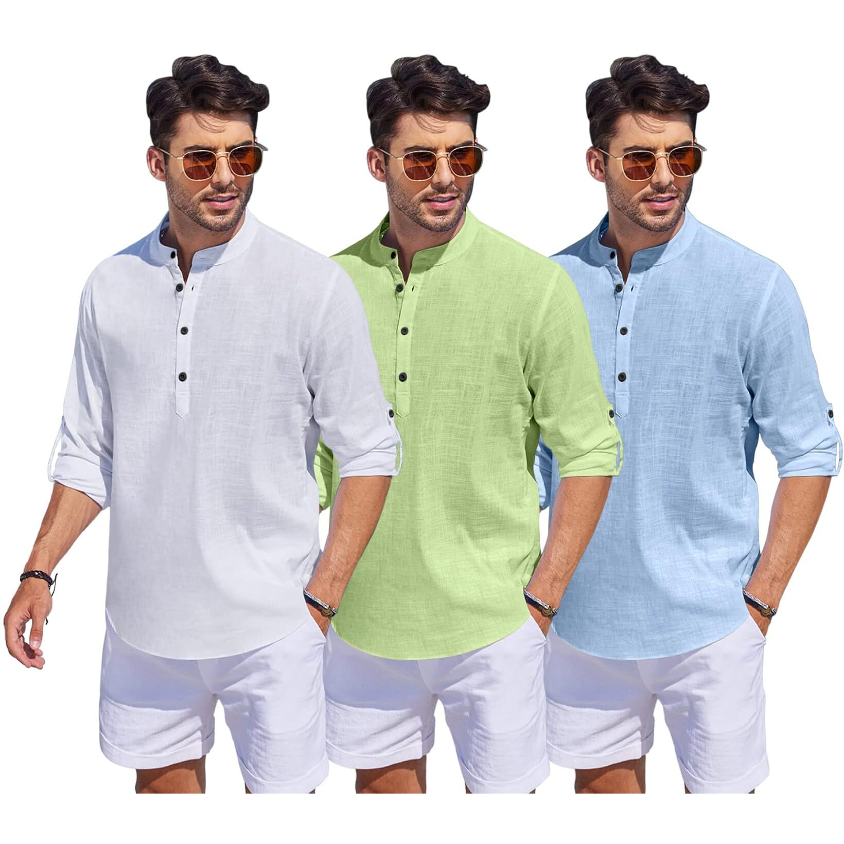 Bellstone Men's Cotton Blend Solid Regular Dress Shirt (1500_3Combo_White-Lgreen-Sky_Xl Lightgreen