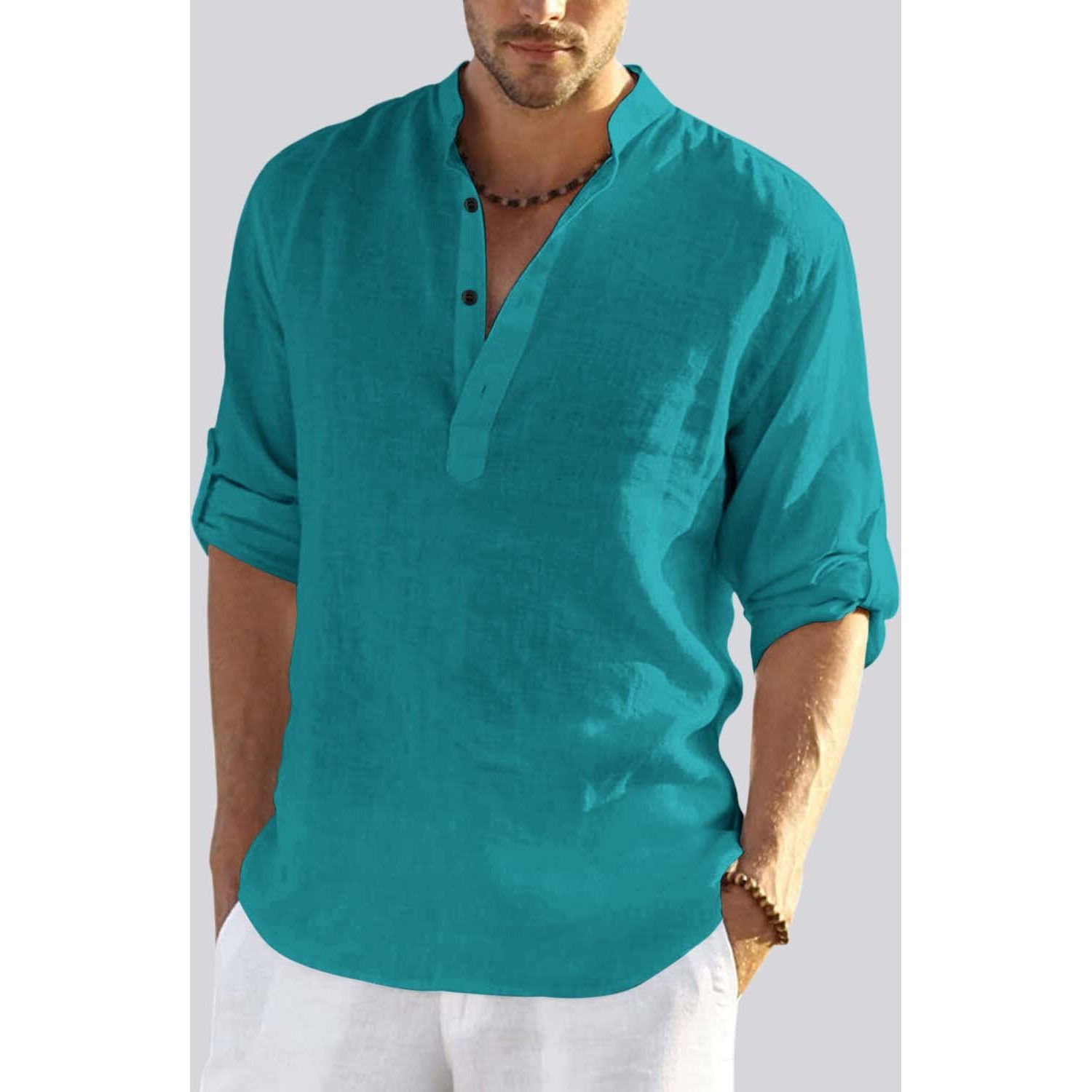 Bellstone Men's Cotton Blend Full Sleeve Short Kurta With Mandarin Collar Rama