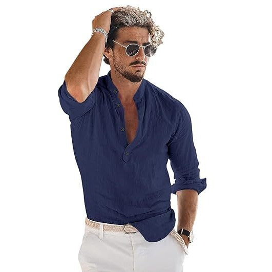 Bellstone Men Solid Cotton Blend Straight Kurta Navy Blue