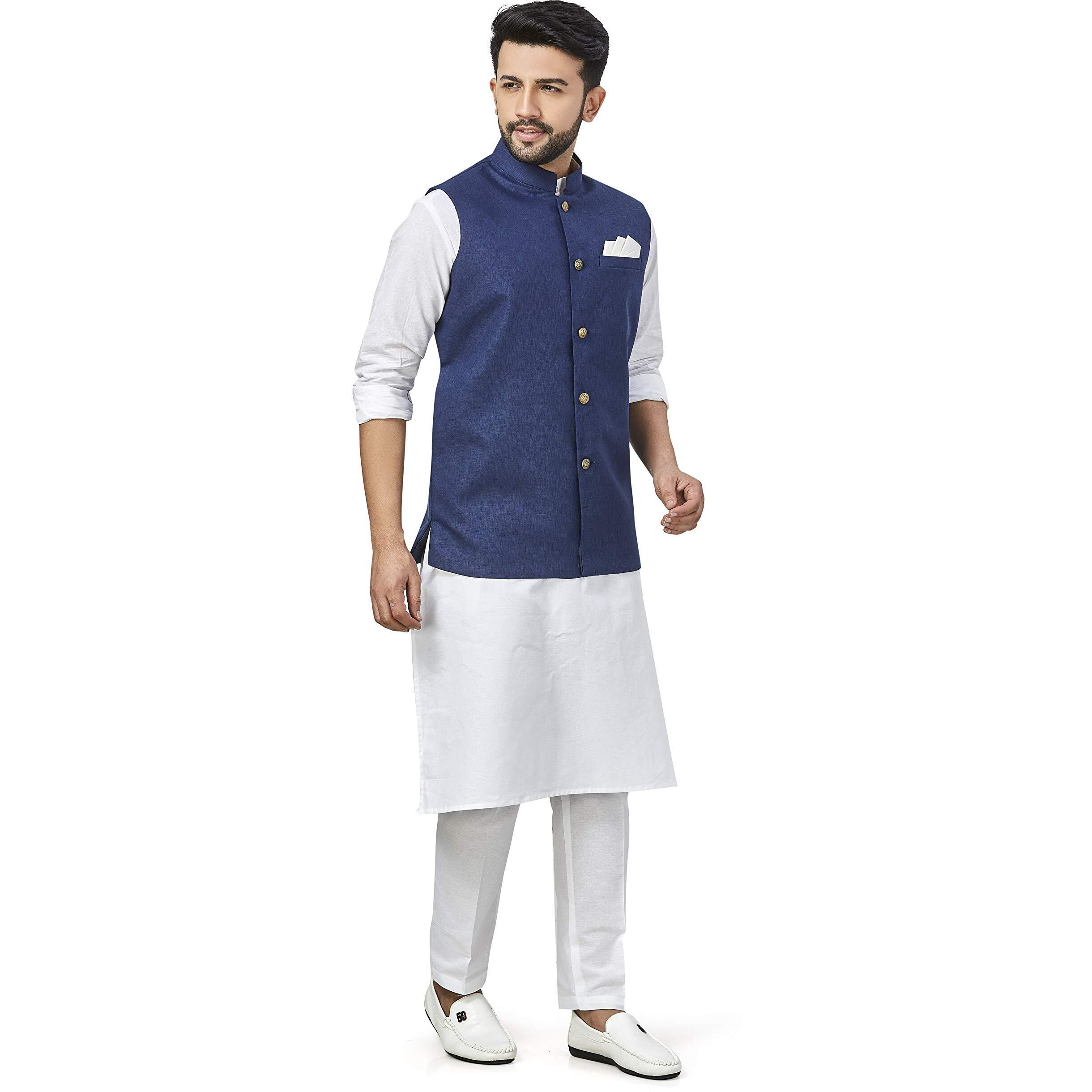 Baaamboos 100% Cotton Blend Stylish Trendy Solid Pattern Sleeveless Comfortable Men's Only Nehru Jacket For Regular Use Ethnic Wear(Navy Blue,Small)
