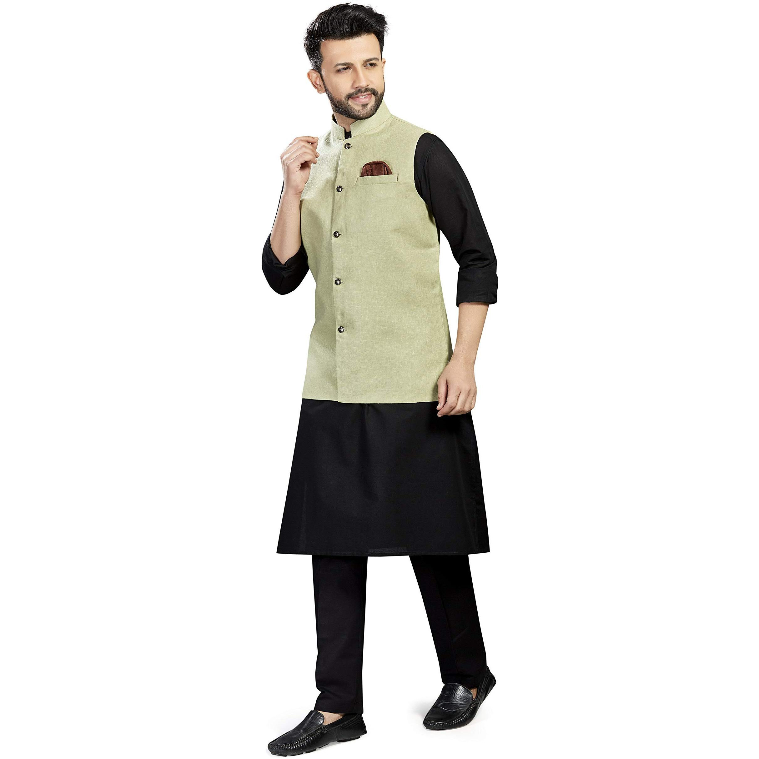 Baaamboos 100% Cotton Blend Stylish Trendy Solid Pattern Sleeveless Comfortable Men's Only Nehru Jacket For Regular Use Ethnic Wear(Green,Medium)