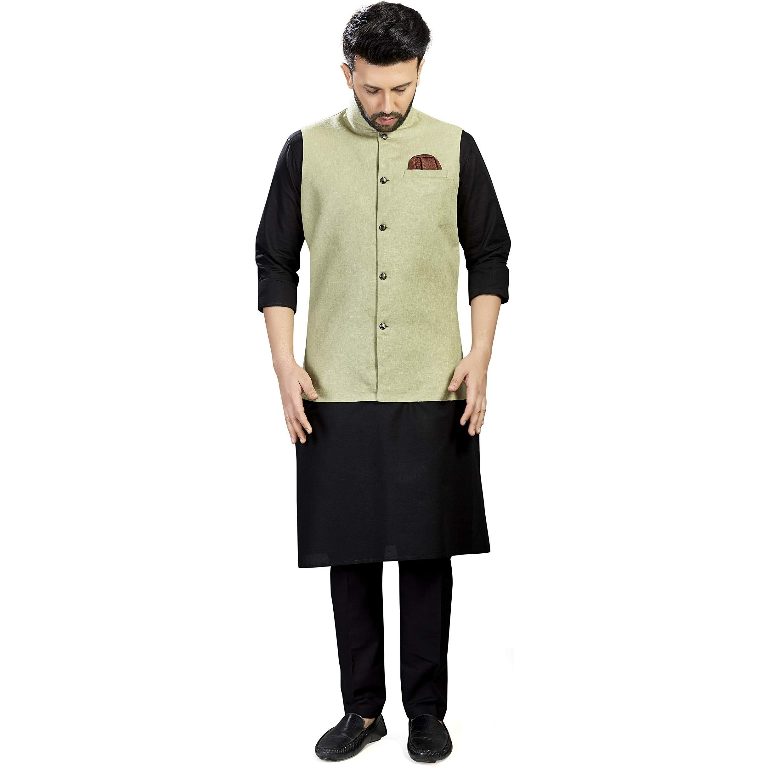 Baaamboos 100% Cotton Blend Stylish Trendy Solid Pattern Sleeveless Comfortable Men's Only Nehru Jacket For Regular Use Ethnic Wear(Green,Medium)
