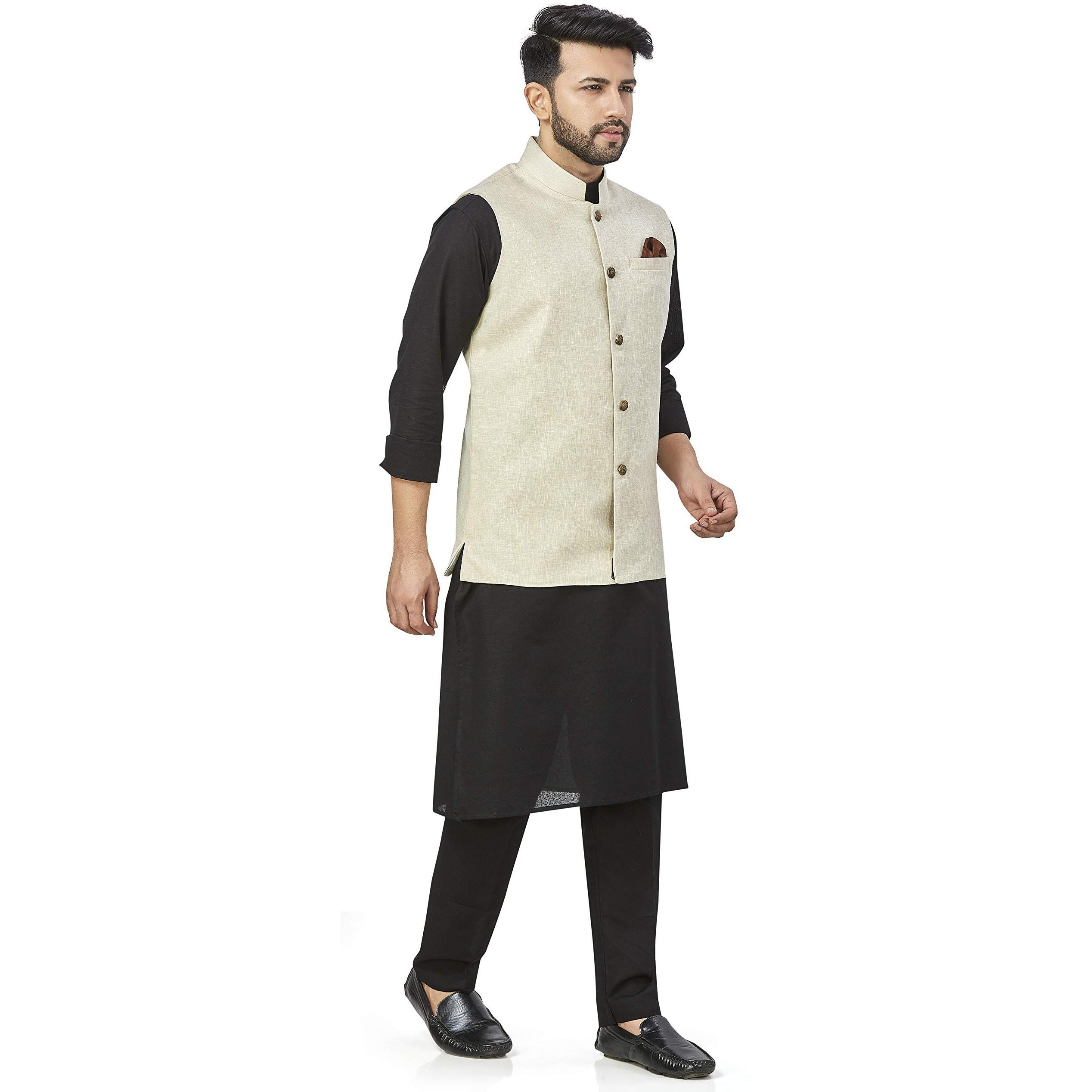 Baaamboos 100% Cotton Blend Stylish Trendy Solid Pattern Sleeveless Comfortable Men's Only Nehru Jacket For Regular Use Ethnic Wear(Beige,X-Large)