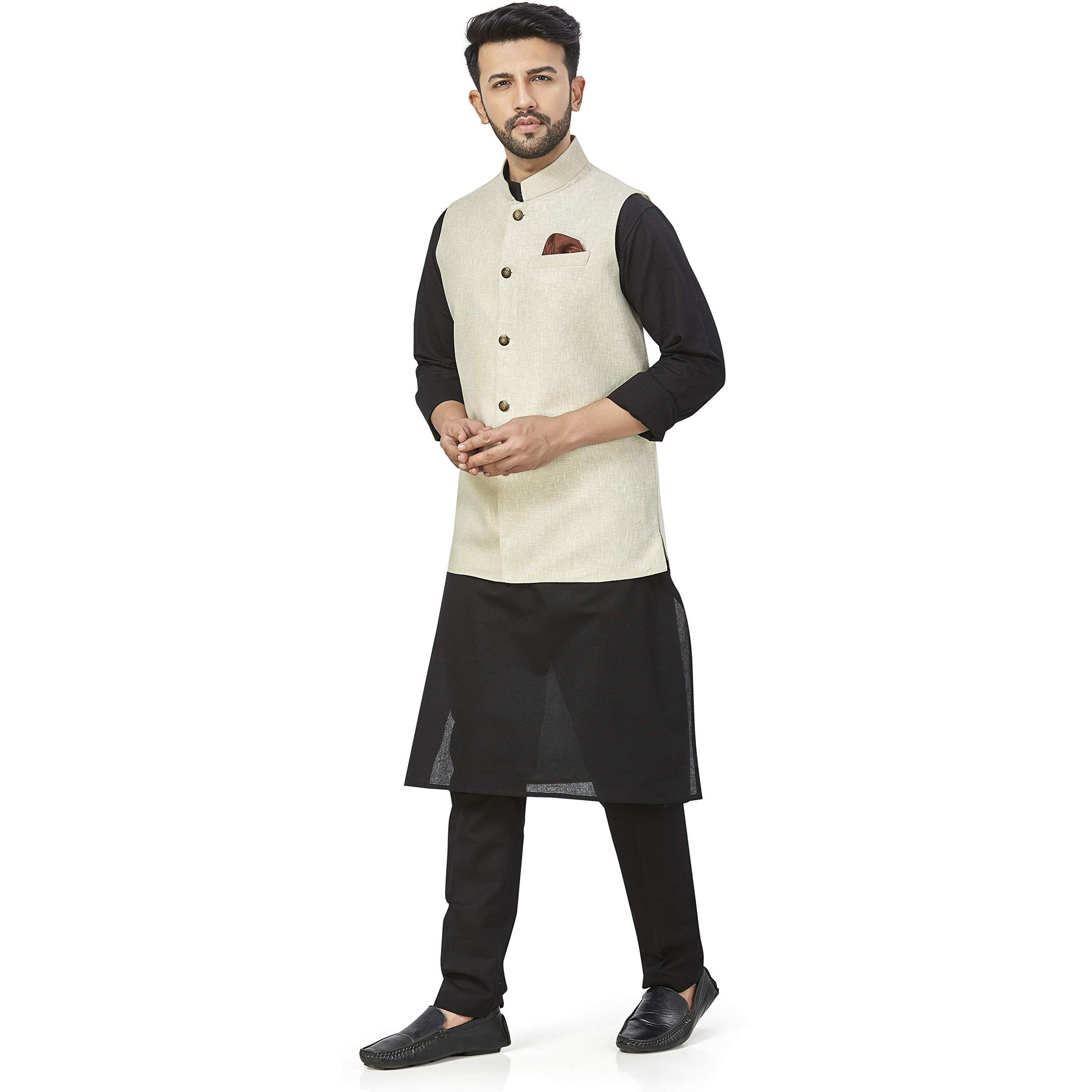 Baaamboos 100% Cotton Blend Stylish Trendy Solid Pattern Sleeveless Comfortable Men's Only Nehru Jacket For Regular Use Ethnic Wear(Beige,X-Large)