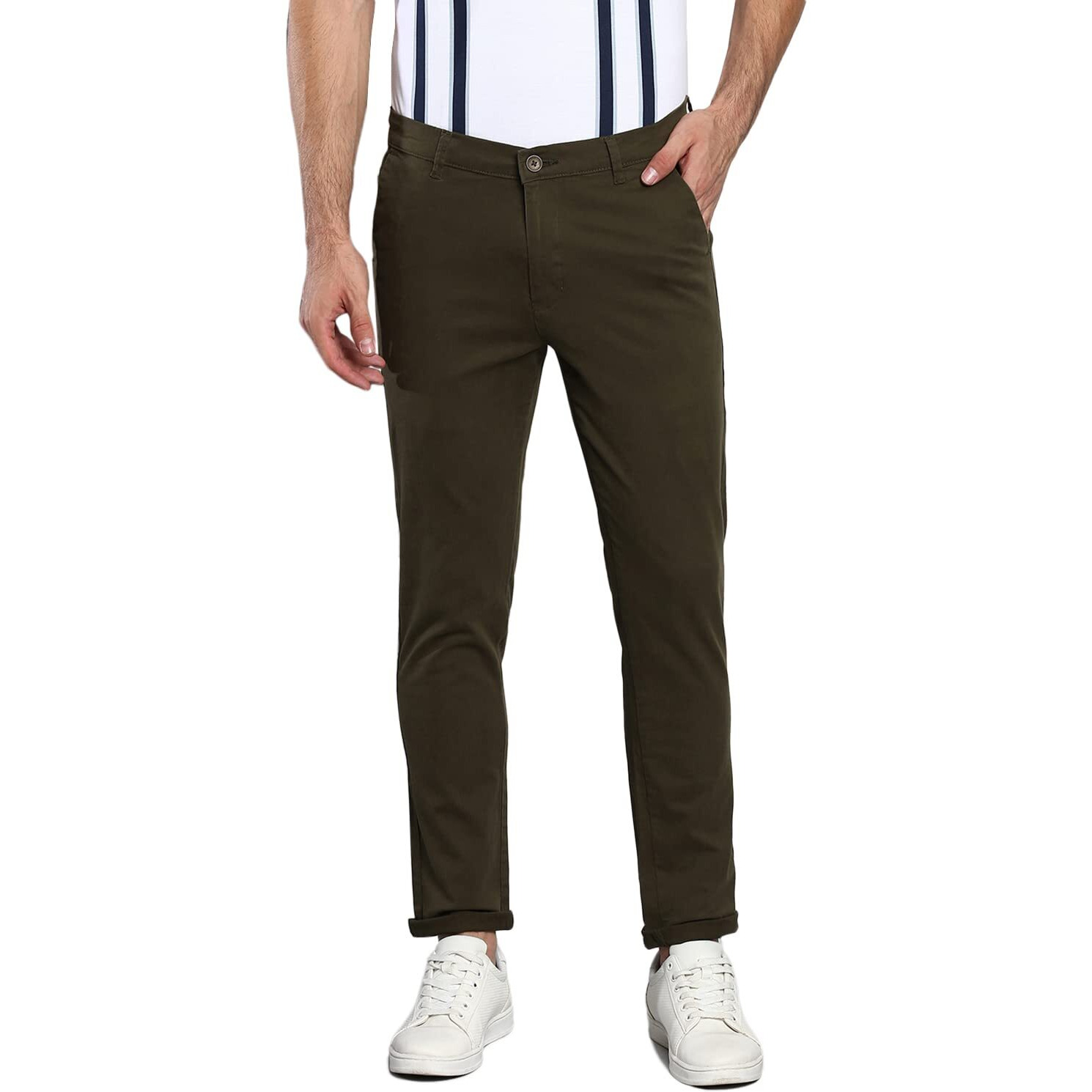 Dennis Lingo Solid Cotton Men's Casual Trouser, Tapered Fit, Mid Rise, Ankle Length Chinos Trousers Pant For Men Olive
