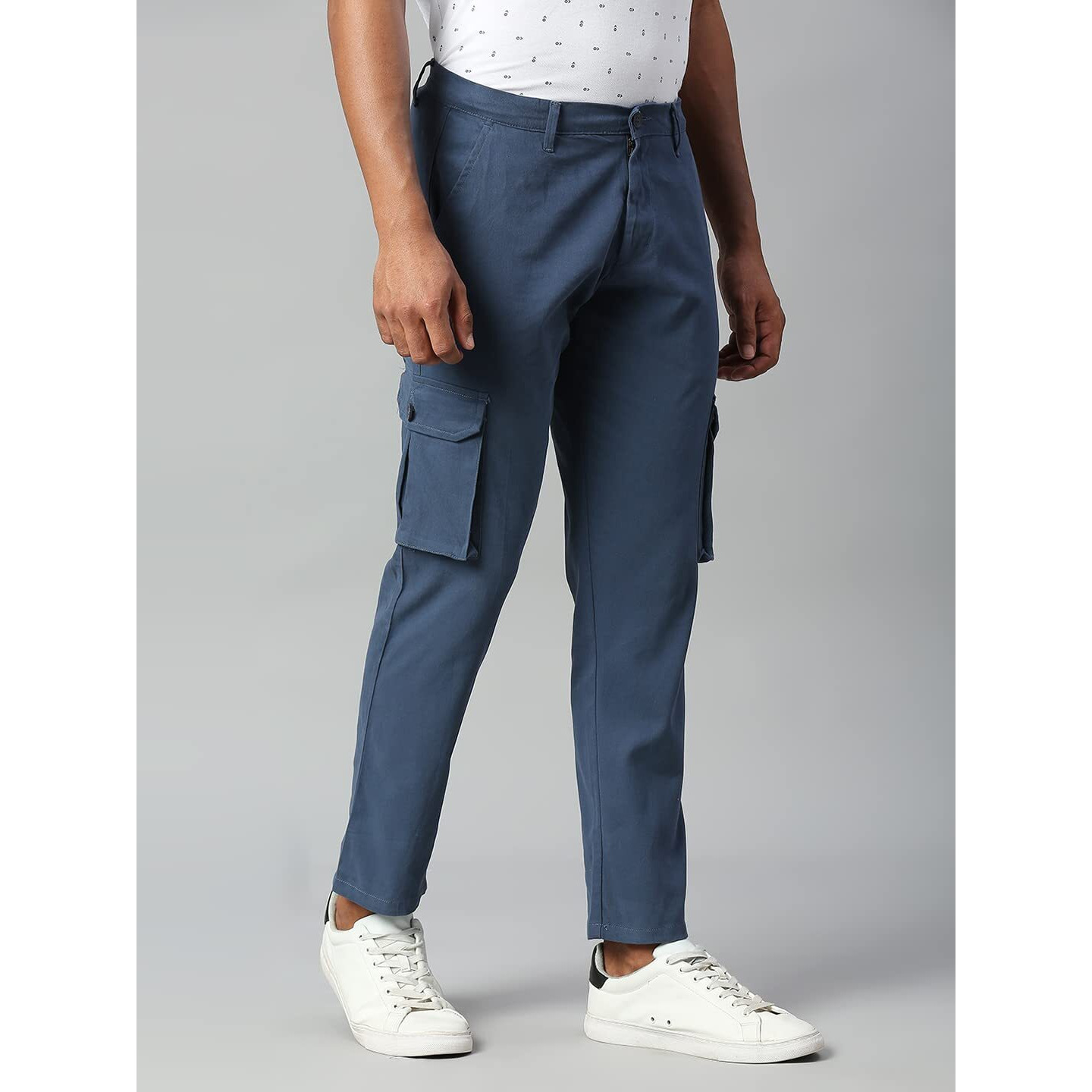 Dennis Lingo Men's Casual Solid Cotton Tapered Fit Mid Rise Ankle Length Multi-Pocket Stretchable Cargo Pant/Trousers (Petrol Lblue, 32)