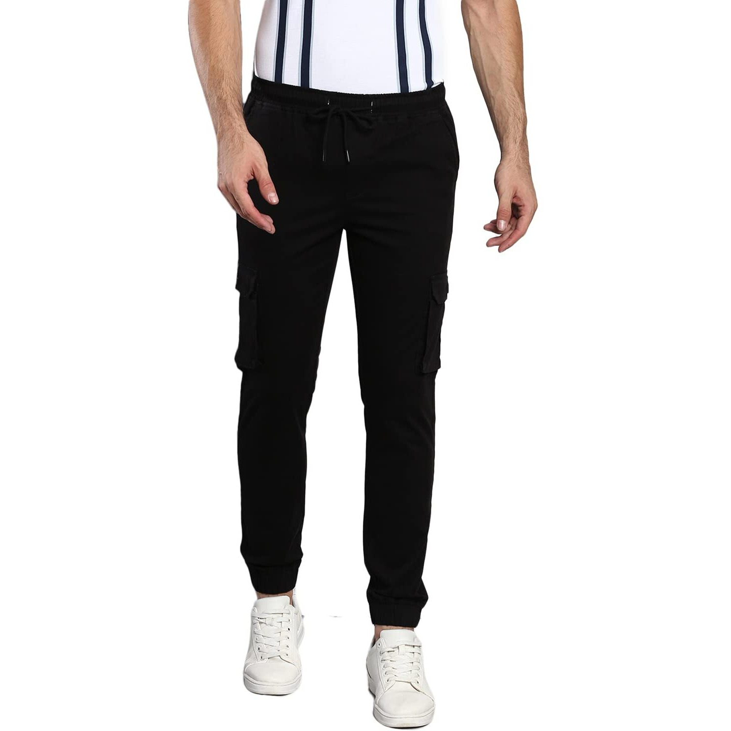 Dennis Lingo Men's Solid Cotton Casual Mid Rise Ankle Length Multi-Pocket Tapered Fit Stretchable Cargo Pant/Trousers (Black, 38)