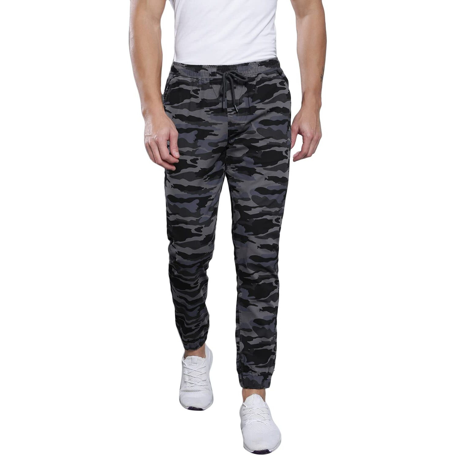 Dennis Lingo Camouflage Print Cotton Men's Casual Cargo Pant, Tapered Fit, Mid Rise, Ankle Length, Multi-Pocket Drawstring Stretchable Cargos For Men, Trousers