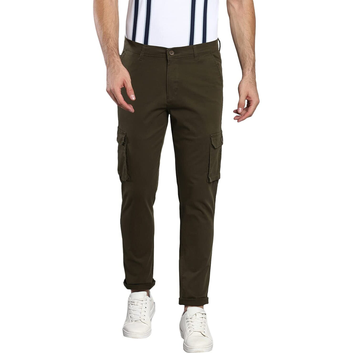 Dennis Lingo Men's Casual Solid Cotton Tapered Fit Mid Rise Ankle Length Multi-Pocket Stretchable Cargo Pant/Trousers (Dark Green, 28)