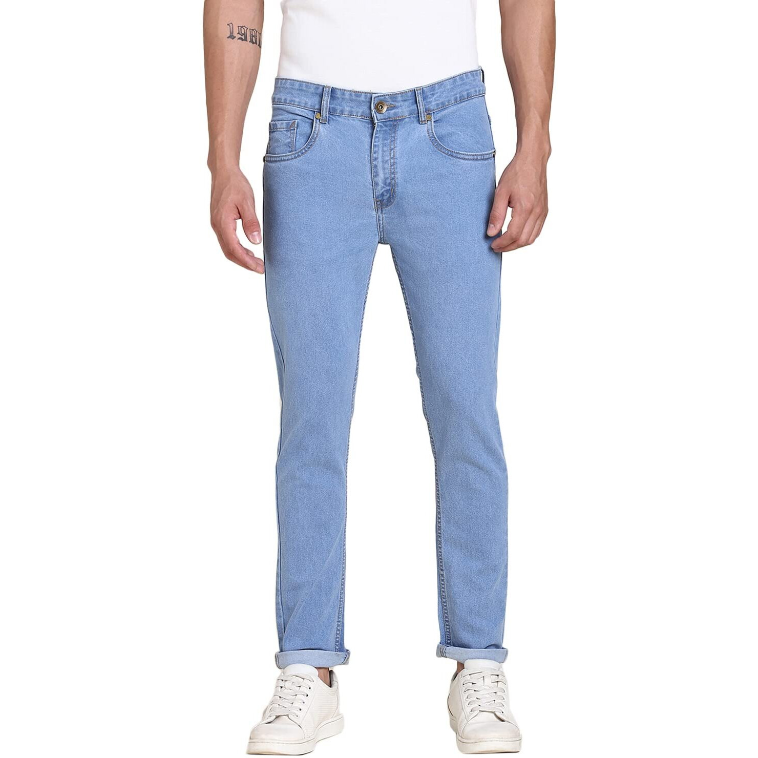 Dennis Lingo Men's Slim Fit Stretchable Mid Rise Cotton Blend Denim Solid Jeans (Denim Blue, 32)