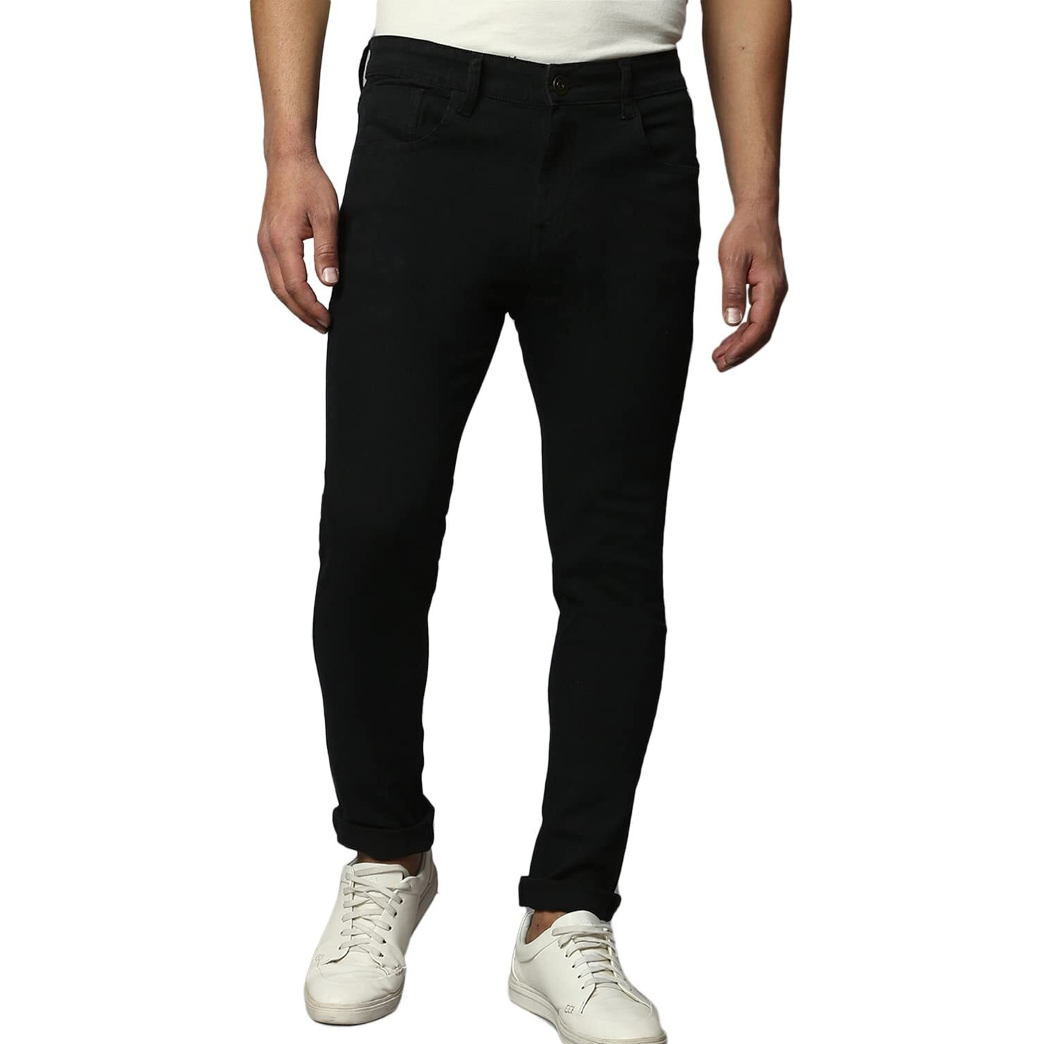 Dennis Lingo Men's Slim Fit Stretchable Mid Rise Cotton Blend Denim Solid Jeans (Black, 32)