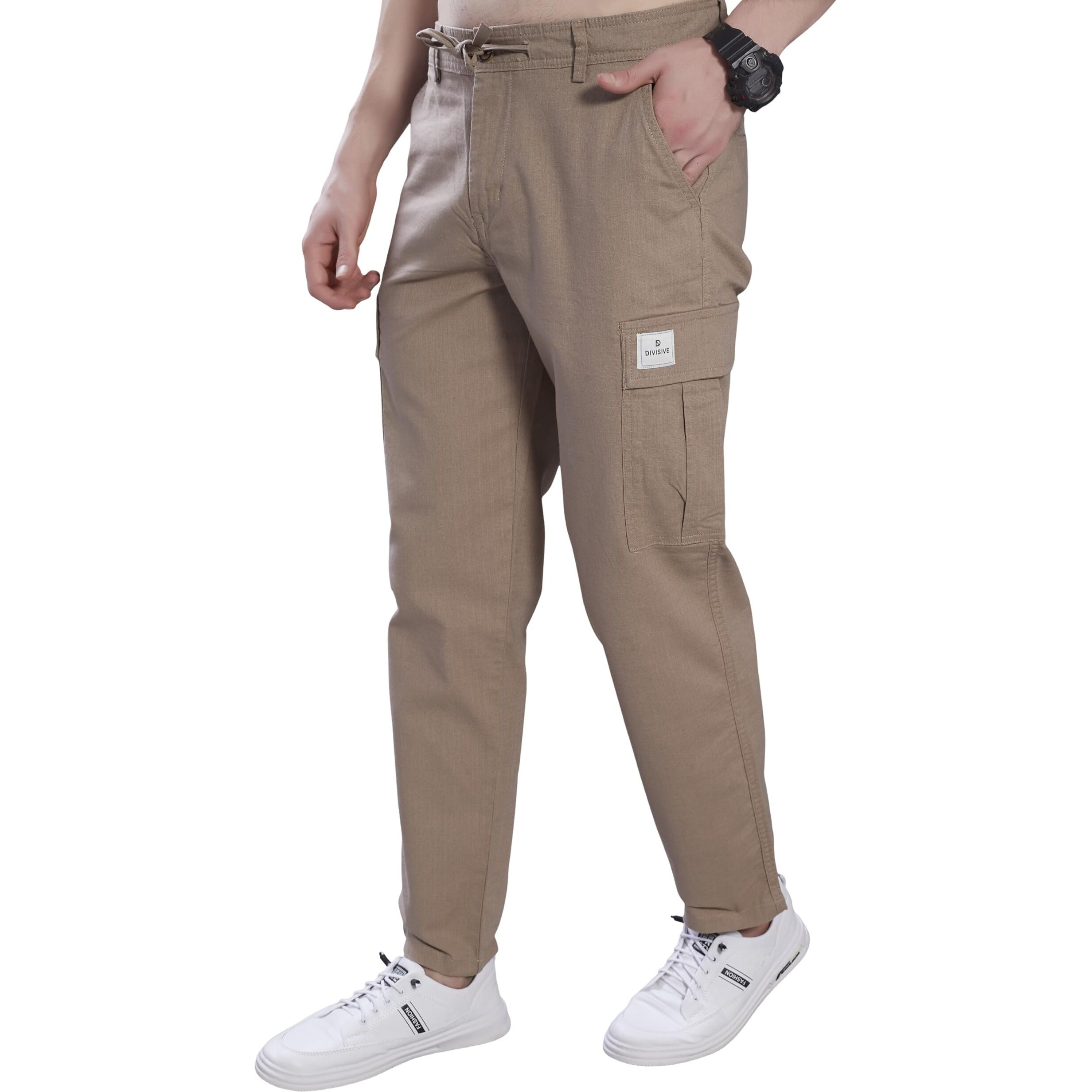Divisive Men's Loose Fit Linen Blend Cotton Cargo Pants (Dcr261_36_Camel)