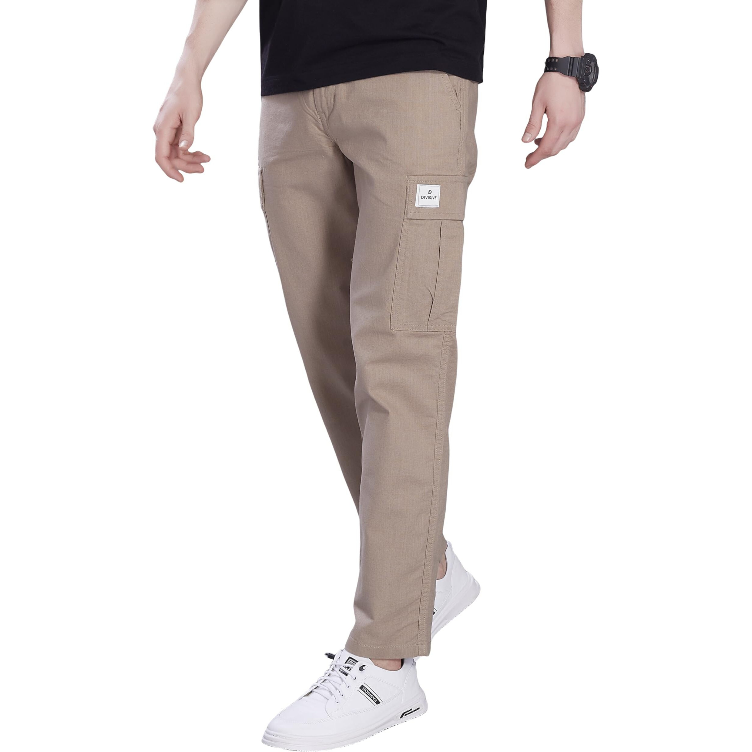 Divisive Men's Loose Fit Linen Blend Cotton Cargo Pants (Dcr261_36_Camel)