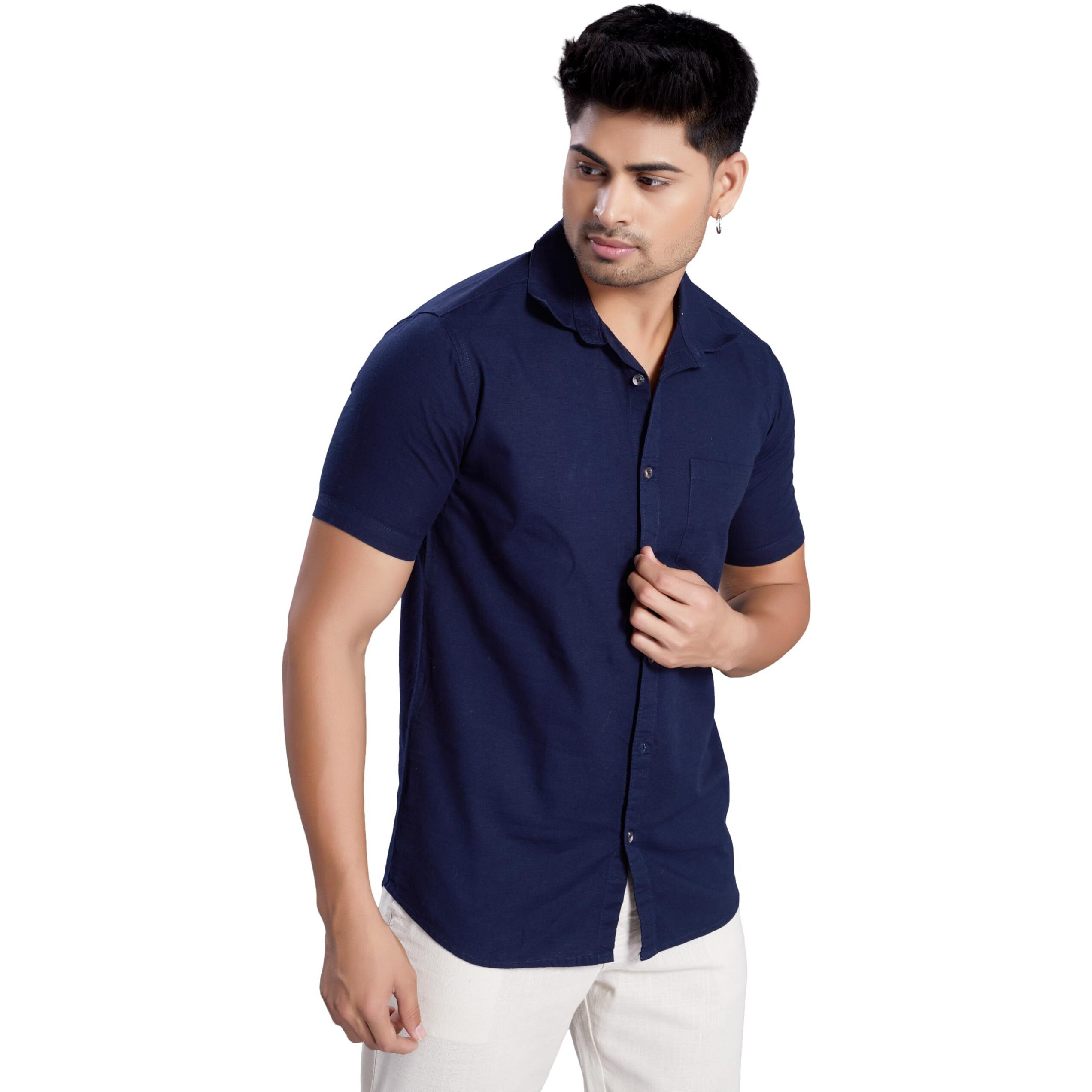 Divisive Men's Slim Fit Linen Half Sleeves Cotton Casual Shirt (Dst143_L_Navy)