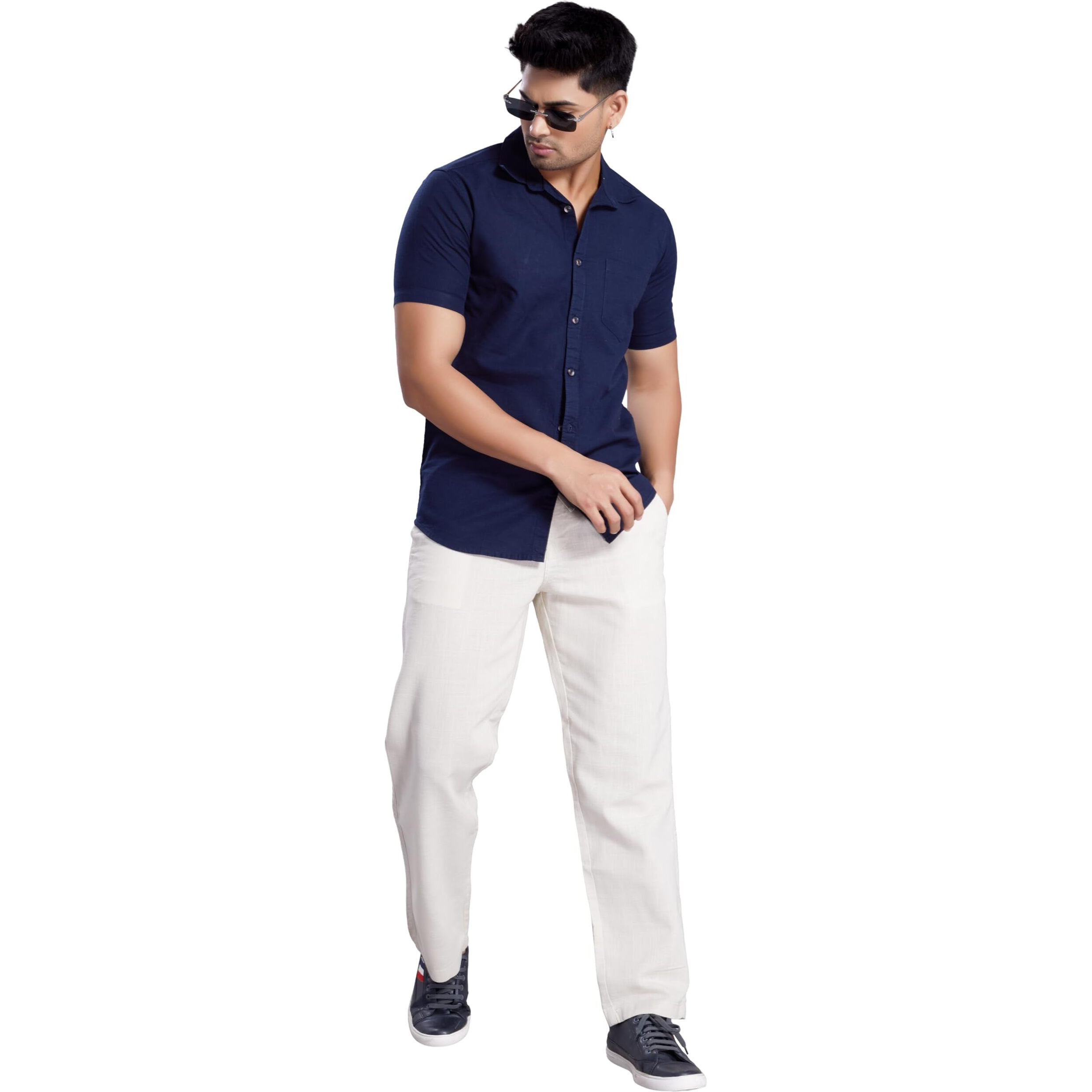 Divisive Men's Slim Fit Linen Half Sleeves Cotton Casual Shirt (Dst143_L_Navy)