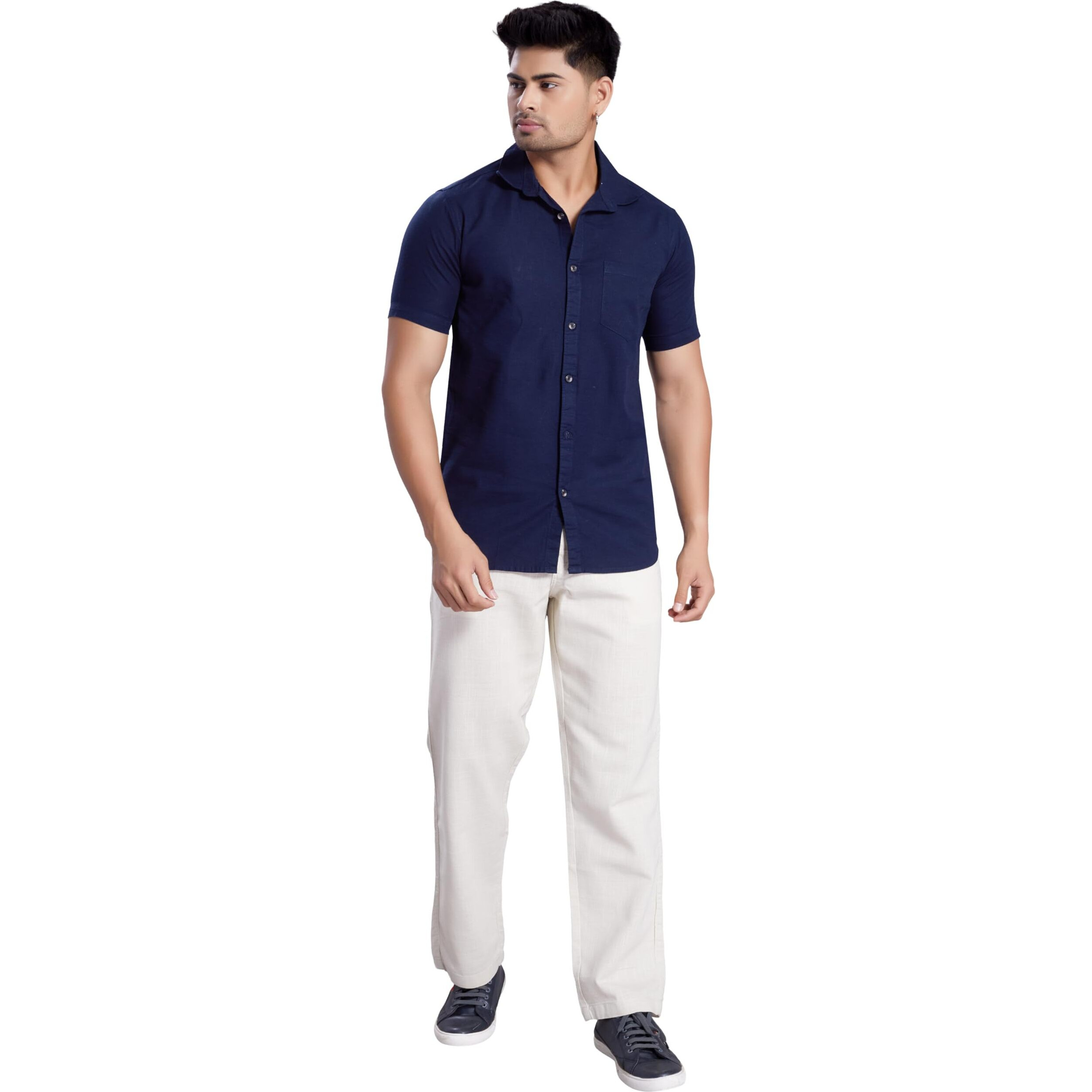 Divisive Men's Slim Fit Linen Half Sleeves Cotton Casual Shirt (Dst143_L_Navy)