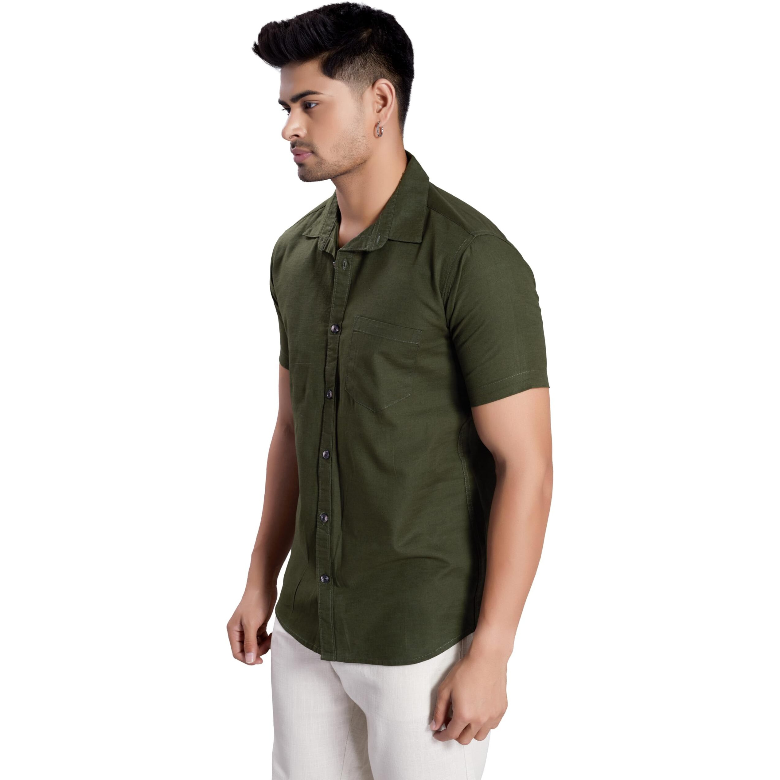 Divisive Men's Slim Fit Linen Half Sleeves Cotton Casual Shirt (Dst141_S_D Olive)