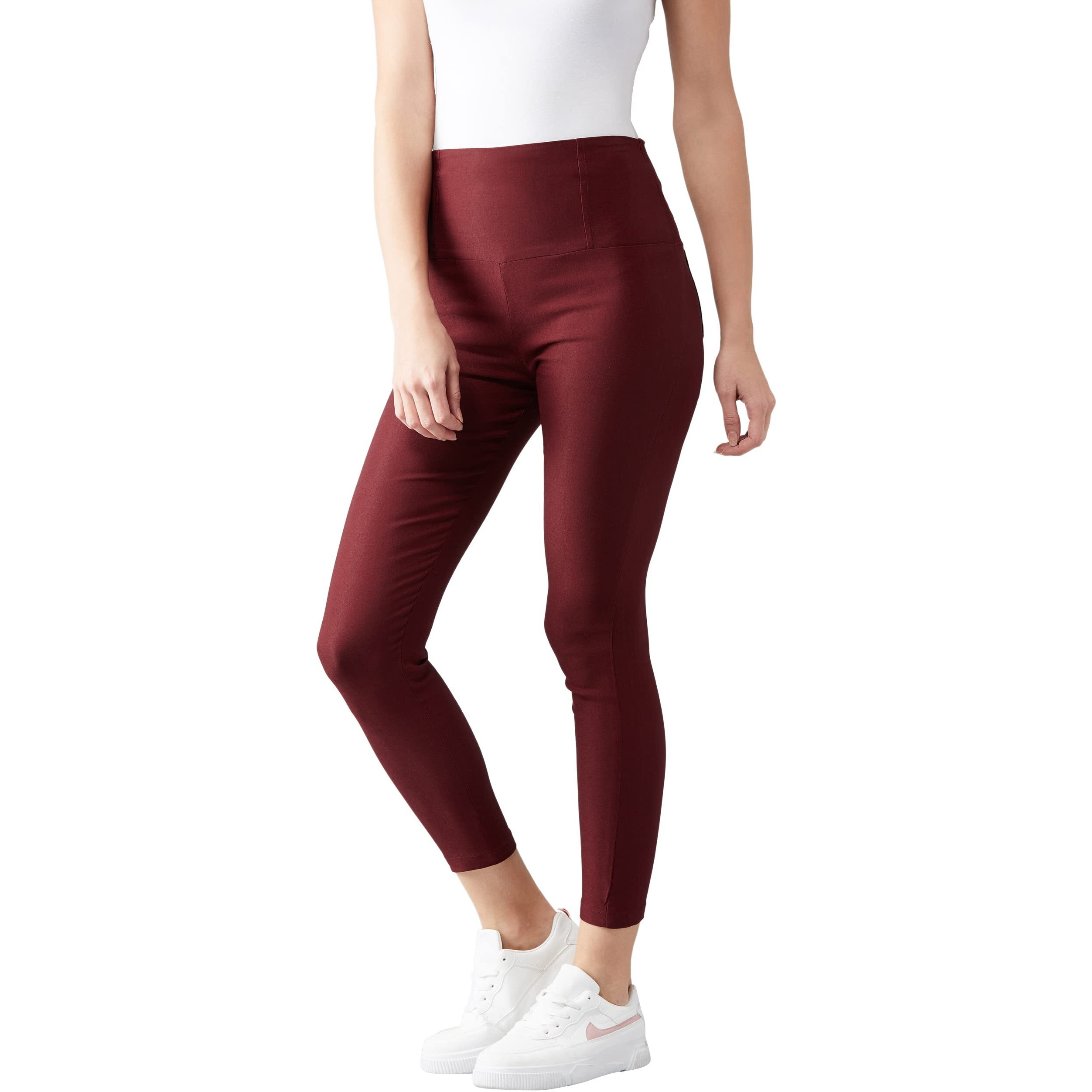 Dolce Crudo Maroon Knitted Solid High Waist Regular Length Slim Fit Treggings, Has Two Patch Pockets(Doss19Bt02-68-143-02,26,Maroon)