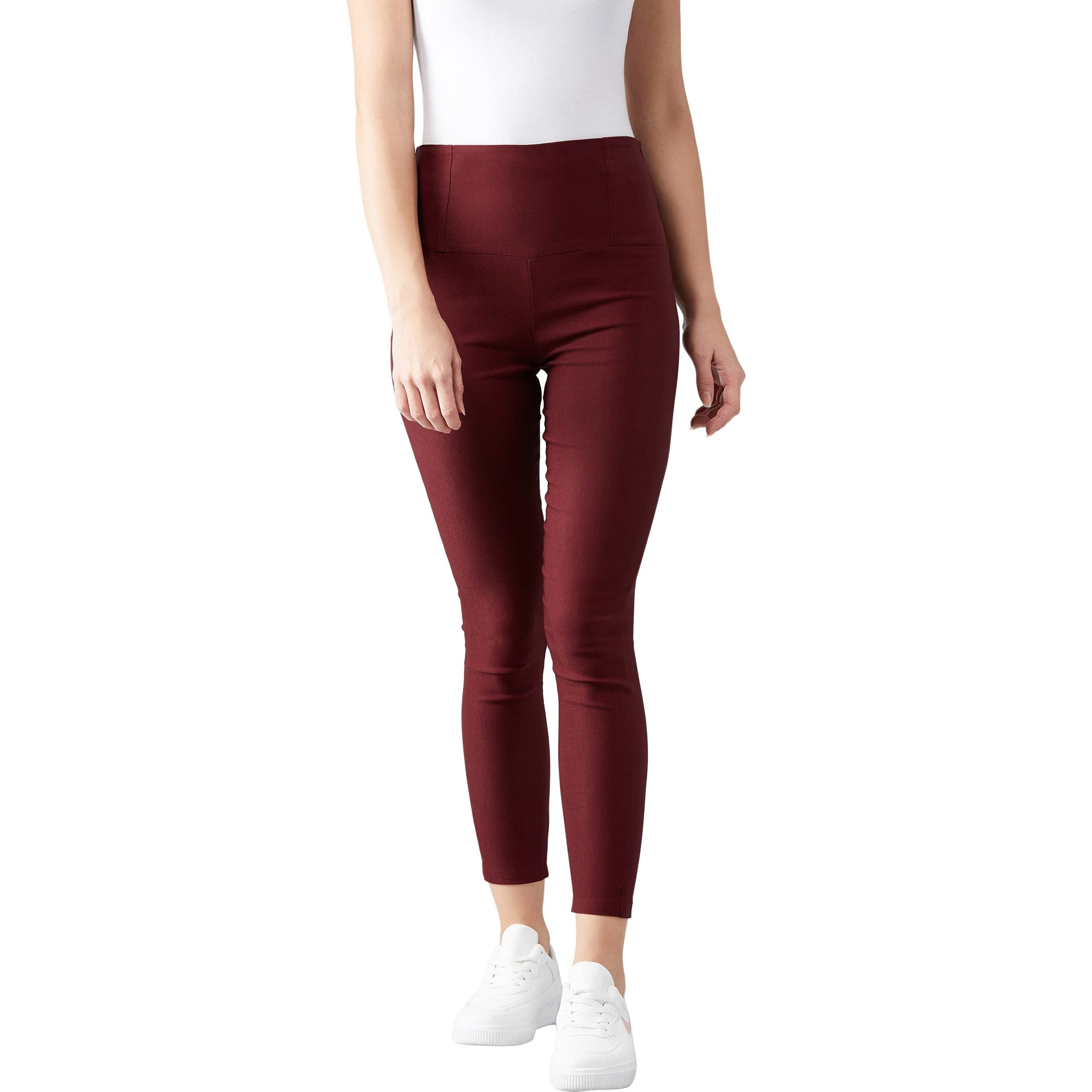 Dolce Crudo Maroon Knitted Solid High Waist Regular Length Slim Fit Treggings, Has Two Patch Pockets(Doss19Bt02-68-143-02,26,Maroon)