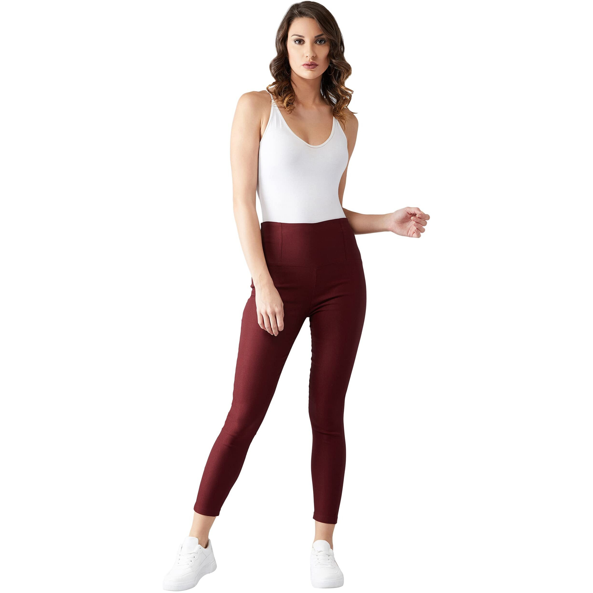 Dolce Crudo Maroon Knitted Solid High Waist Regular Length Slim Fit Treggings, Has Two Patch Pockets(Doss19Bt02-68-143-02,26,Maroon)