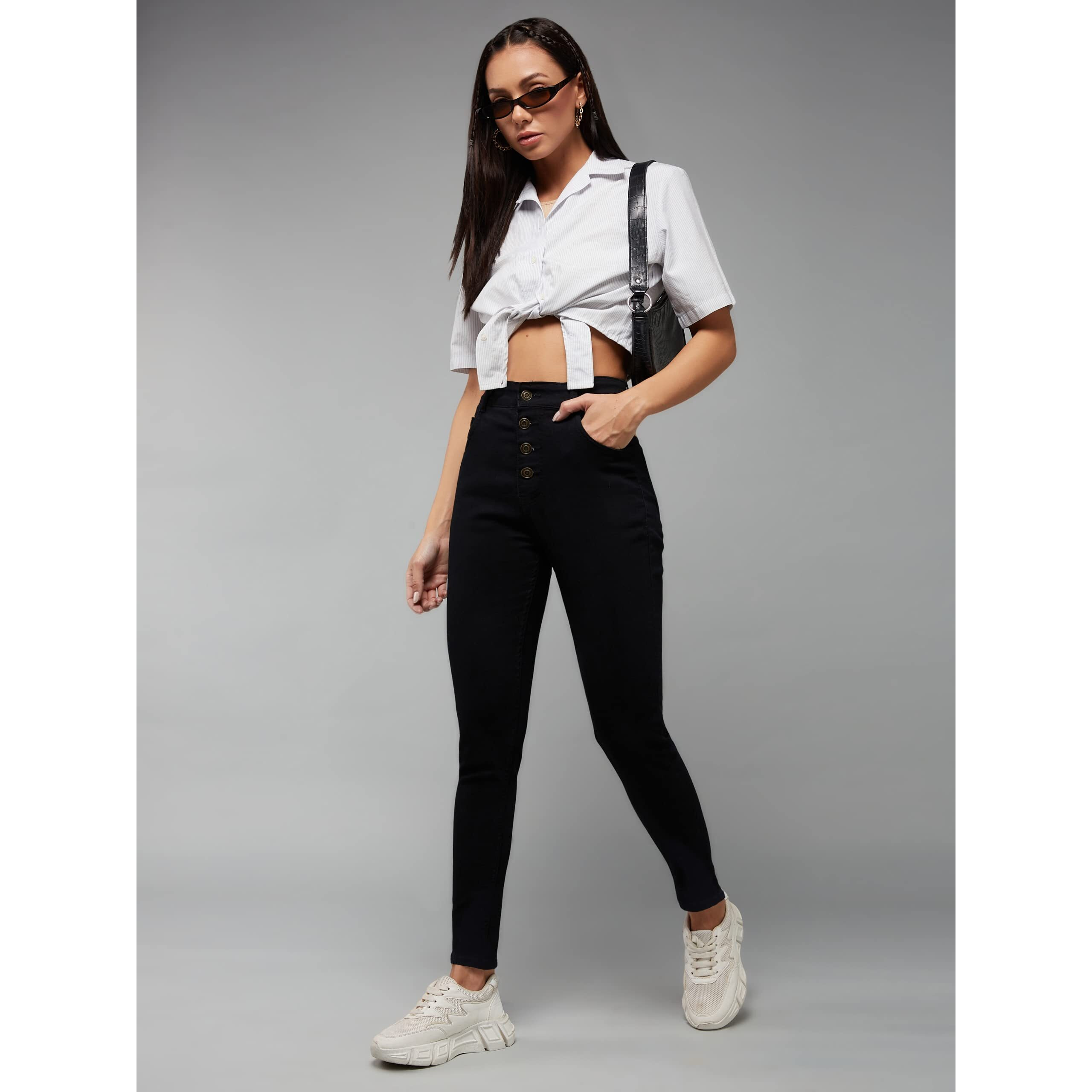 Dolce Crudo Women's Black Skinny Fit High Rise Regular Length Stretchable Denim Jeans (Doss20Den99-31-62-34, Black, 34)