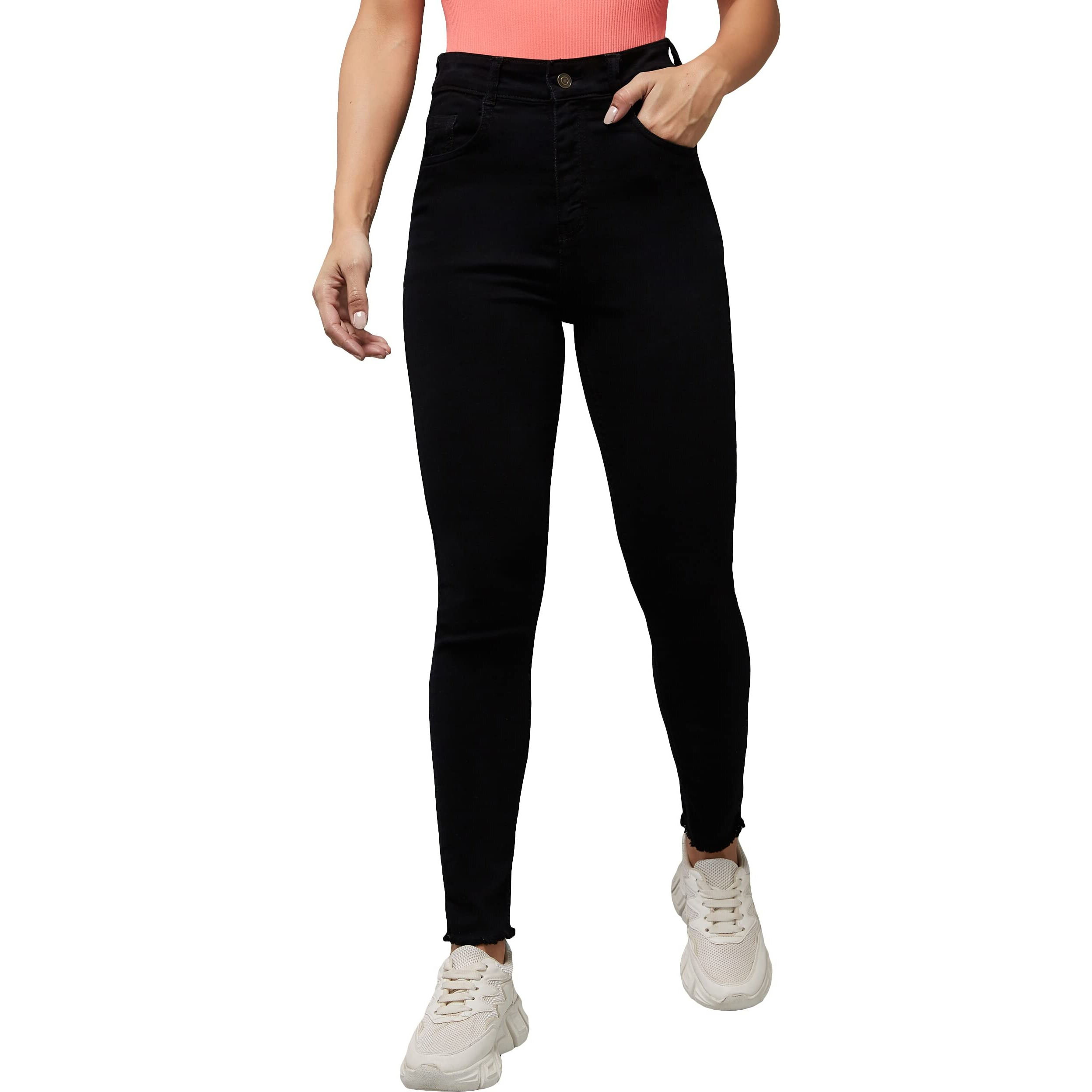 Dolce Crudo Women's Black Skinny Fringed Detailing High Rise Solid Cropped Stretchable Denim Jeans (Doss23Den99-49-62-32, Black, 32)