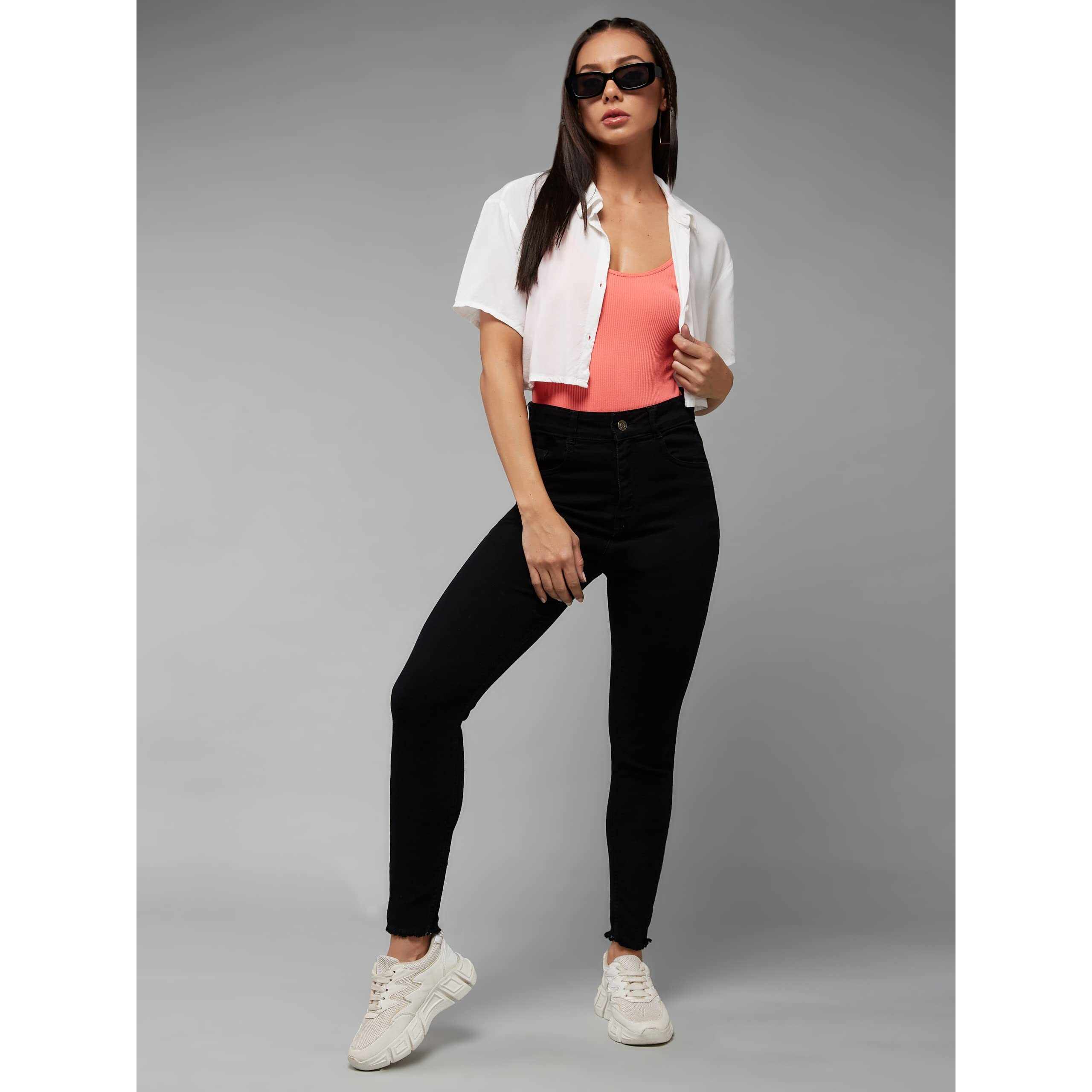 Dolce Crudo Women's Black Skinny Fringed Detailing High Rise Solid Cropped Stretchable Denim Jeans (Doss23Den99-49-62-32, Black, 32)